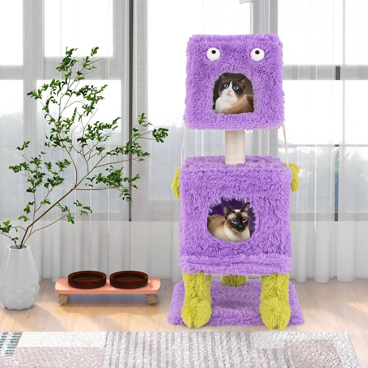 COSTWAY Arbre à Chat Design 111 cm, Tour pour Chat en Forme de Monstre, 3 Étages, Poteaux à Griffer en Sisal, Grand Arbre à Chat Intérieur, Violet - Image 3