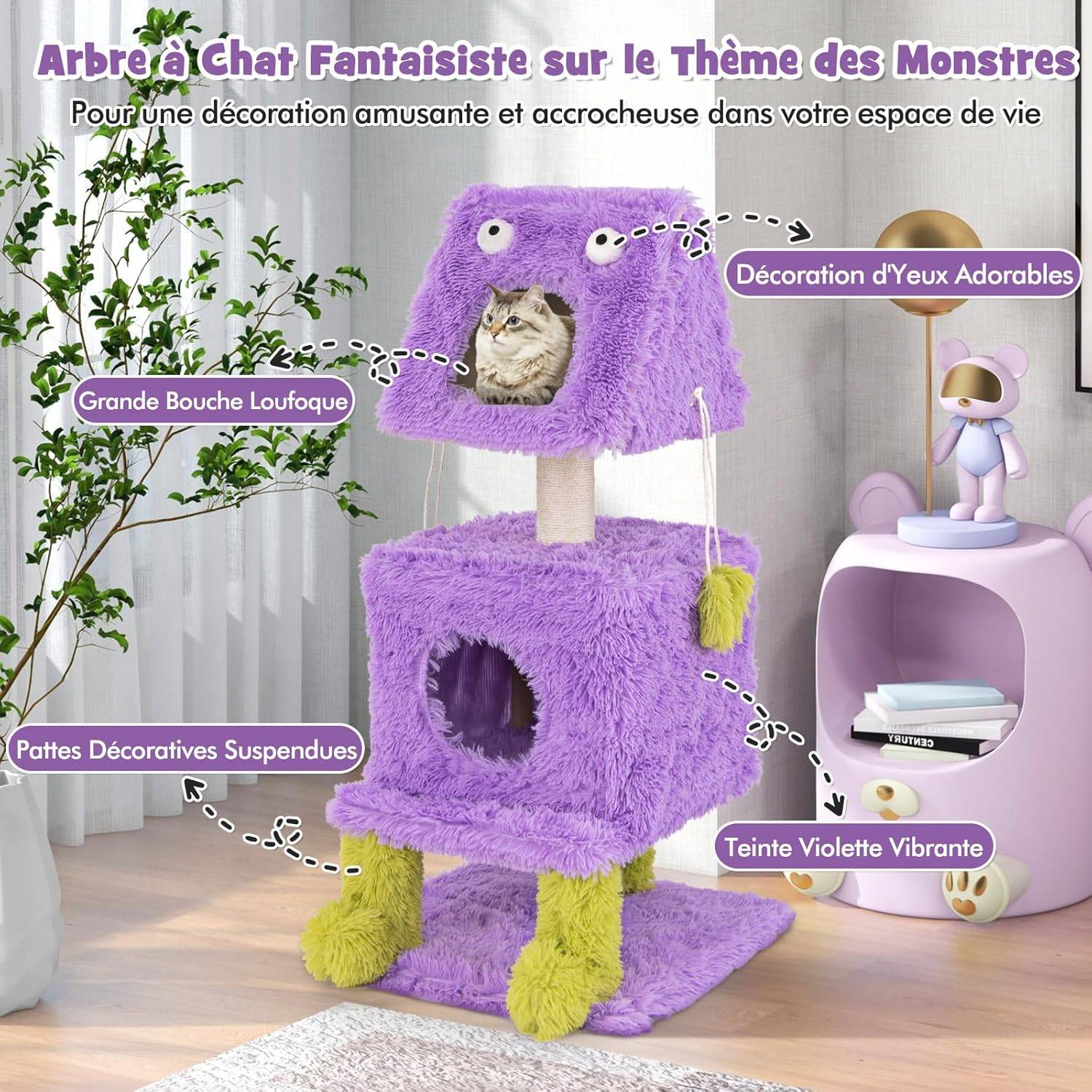 COSTWAY Arbre à Chat Design 111 cm, Tour pour Chat en Forme de Monstre, 3 Étages, Poteaux à Griffer en Sisal, Grand Arbre à Chat Intérieur, Violet - Image 8