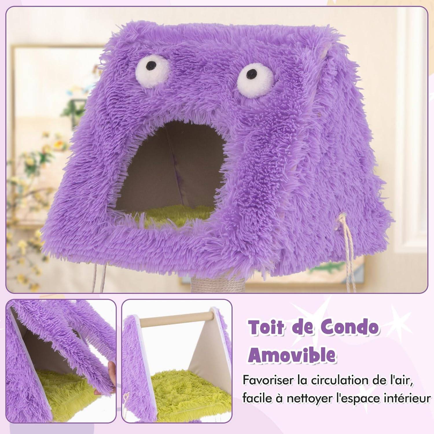 COSTWAY Arbre à Chat Design 111 cm, Tour pour Chat en Forme de Monstre, 3 Étages, Poteaux à Griffer en Sisal, Grand Arbre à Chat Intérieur, Violet - Image 5
