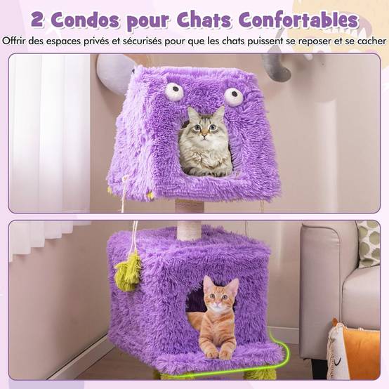 COSTWAY Arbre à Chat Design 111 cm, Tour pour Chat en Forme de Monstre, 3 Étages, Poteaux à Griffer en Sisal, Grand Arbre à Chat Intérieur, Violet - Image 4