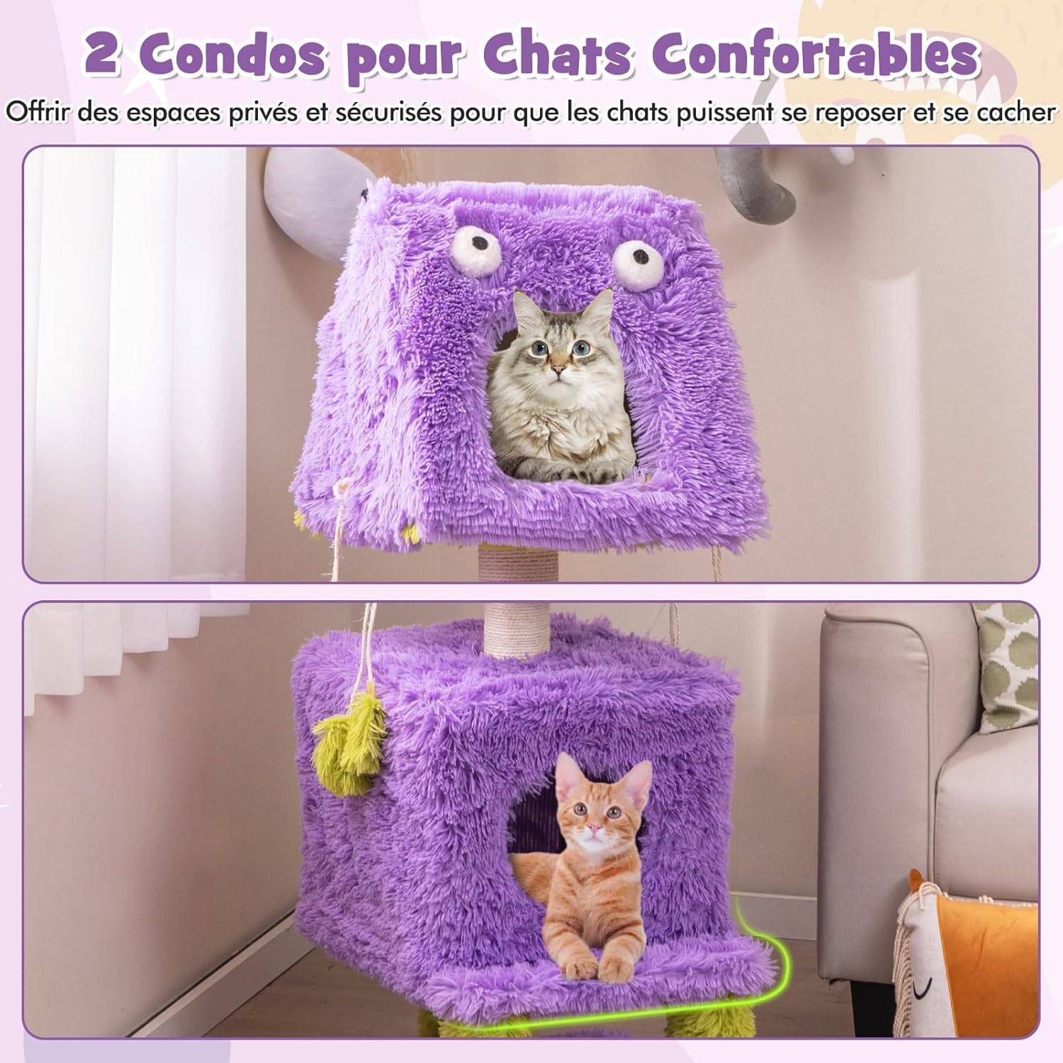 COSTWAY Arbre à Chat Design 111 cm, Tour pour Chat en Forme de Monstre, 3 Étages, Poteaux à Griffer en Sisal, Grand Arbre à Chat Intérieur, Violet - Image 4