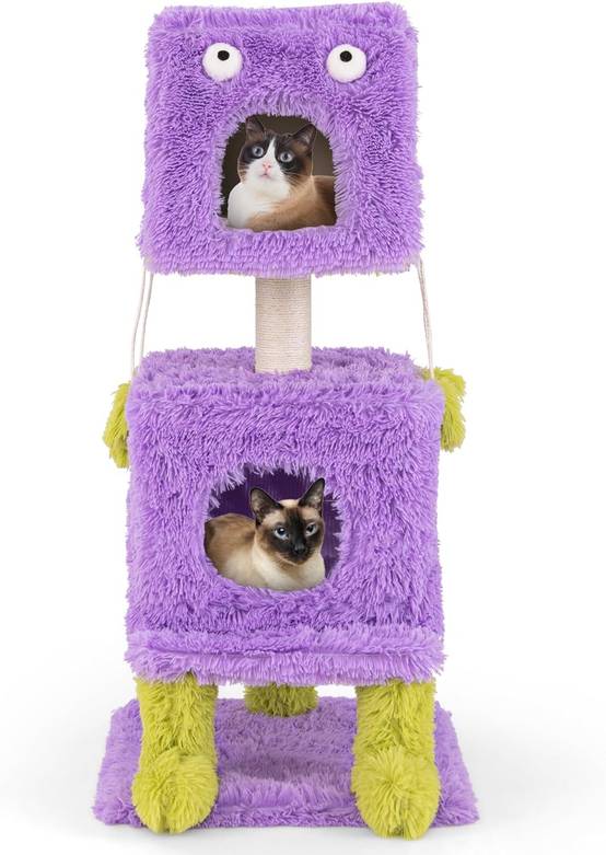 COSTWAY Arbre à Chat Design 111 cm, Tour pour Chat en Forme de Monstre, 3 Étages, Poteaux à Griffer en Sisal, Grand Arbre à Chat Intérieur, Violet - Image 1