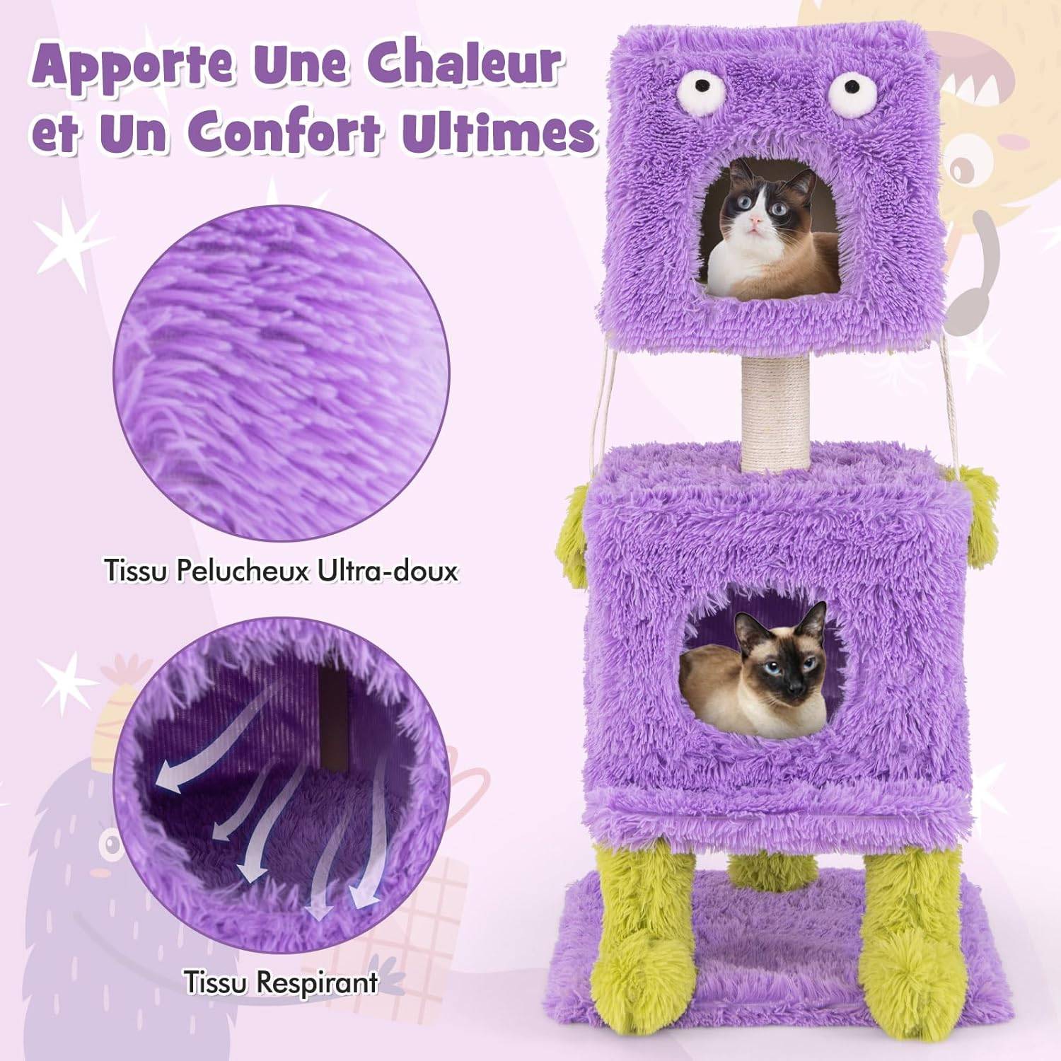COSTWAY Arbre à Chat Design 111 cm, Tour pour Chat en Forme de Monstre, 3 Étages, Poteaux à Griffer en Sisal, Grand Arbre à Chat Intérieur, Violet - Image 7