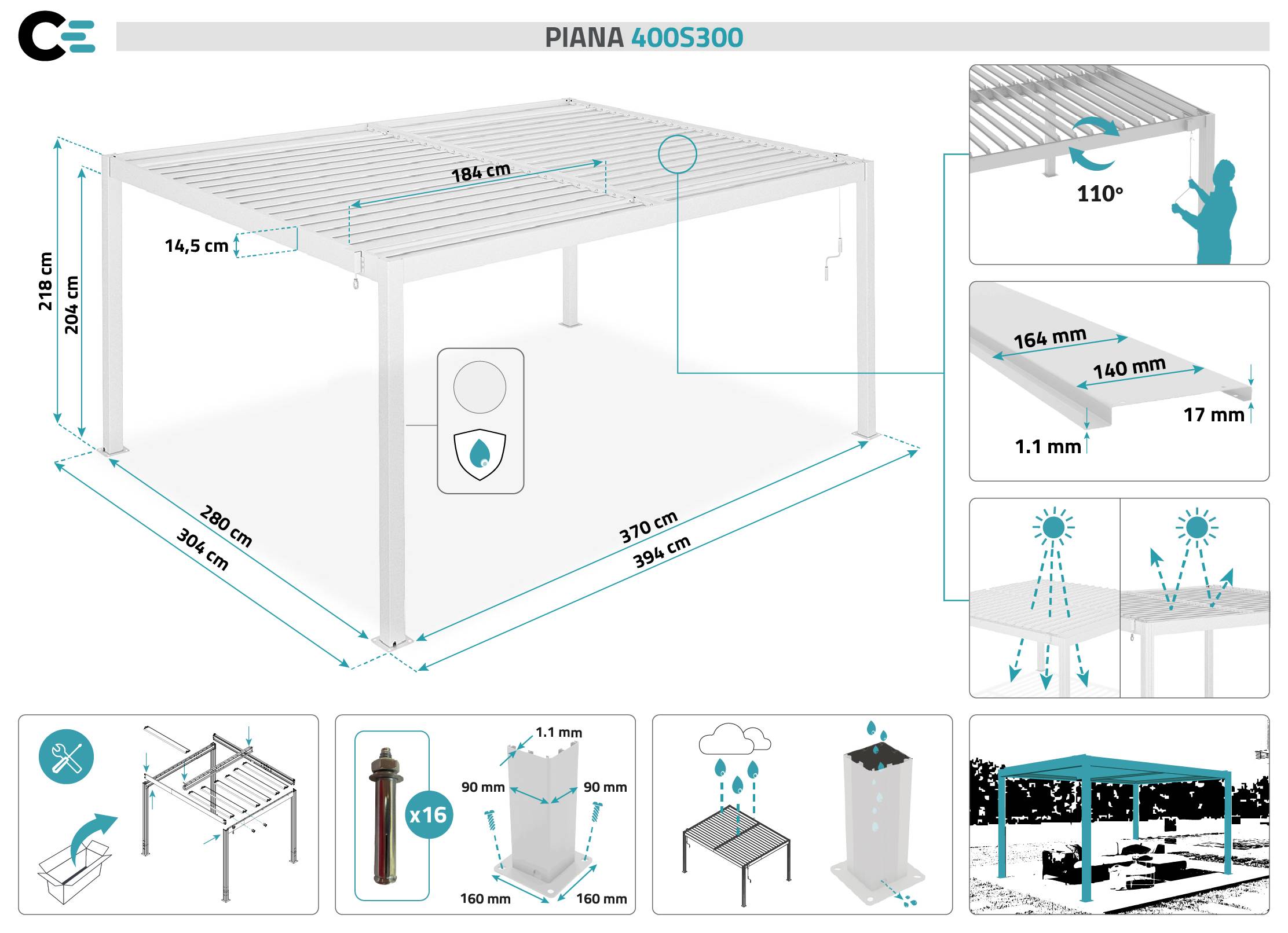 CAZEBOO - Cazeboo Pergola bioclimatique autoportée PIANA 4x3 m aluminium blanc - lames orientables - pergola autoportée 3x4 m - Image 2