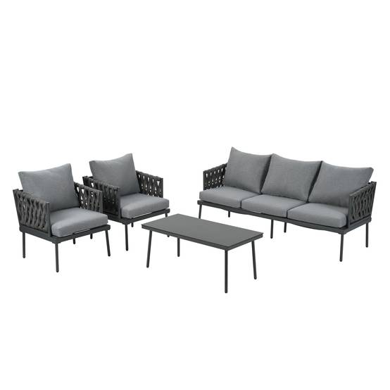 Salon de jardin avec coussins confort, plateau en verre, accoudoirs en corde tressée, gris - Image 8