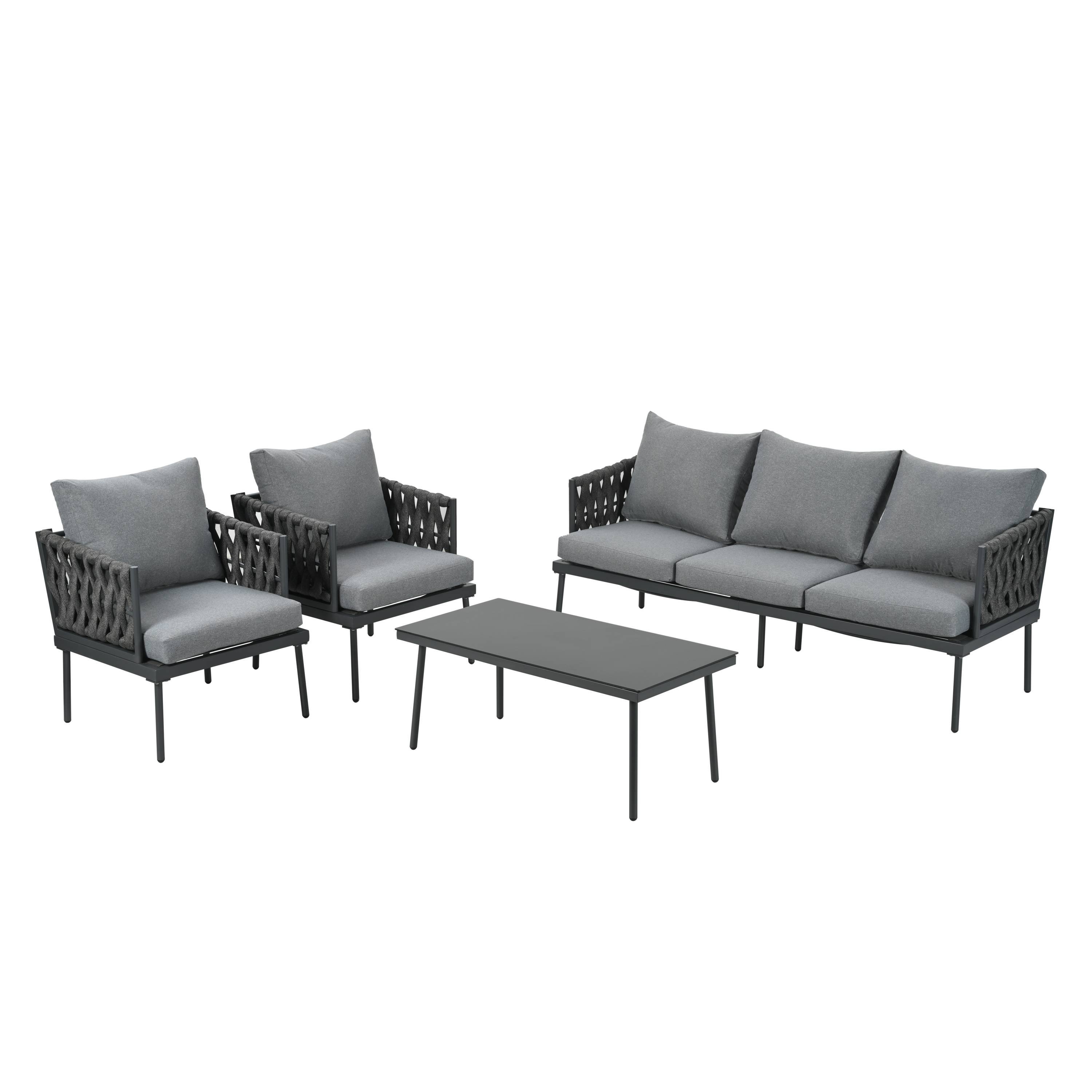 Salon de jardin avec coussins confort, plateau en verre, accoudoirs en corde tressée, gris - Image 8