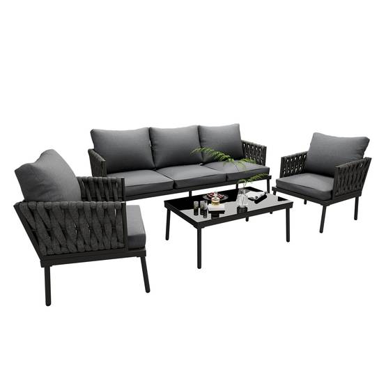 Salon de jardin avec coussins confort, plateau en verre, accoudoirs en corde tressée, gris - Image 6