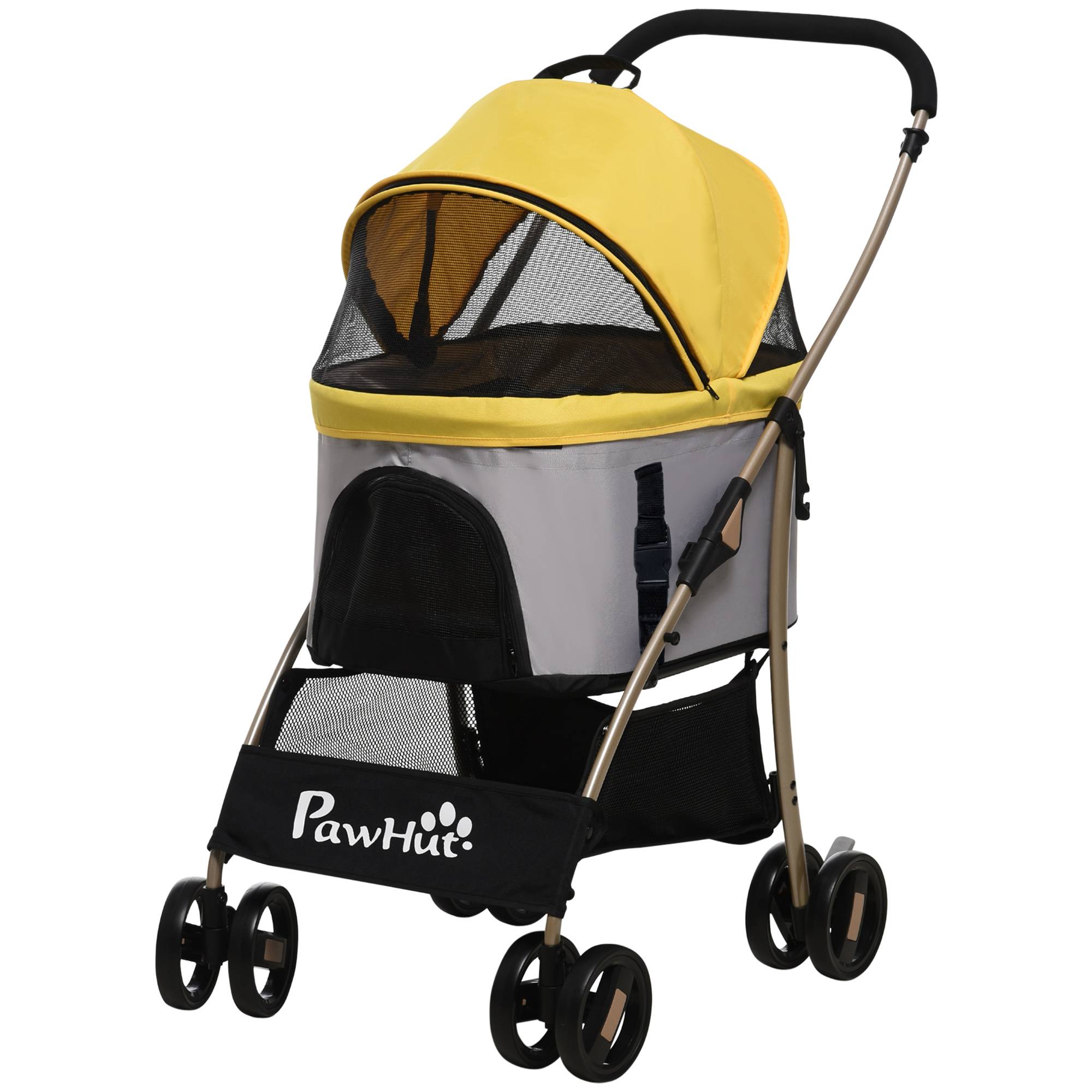 Poussette chien chariot 2-en-1 pliable 1 panier 1 sac 82 x 49,5 x 98 cm jaune - Image 2