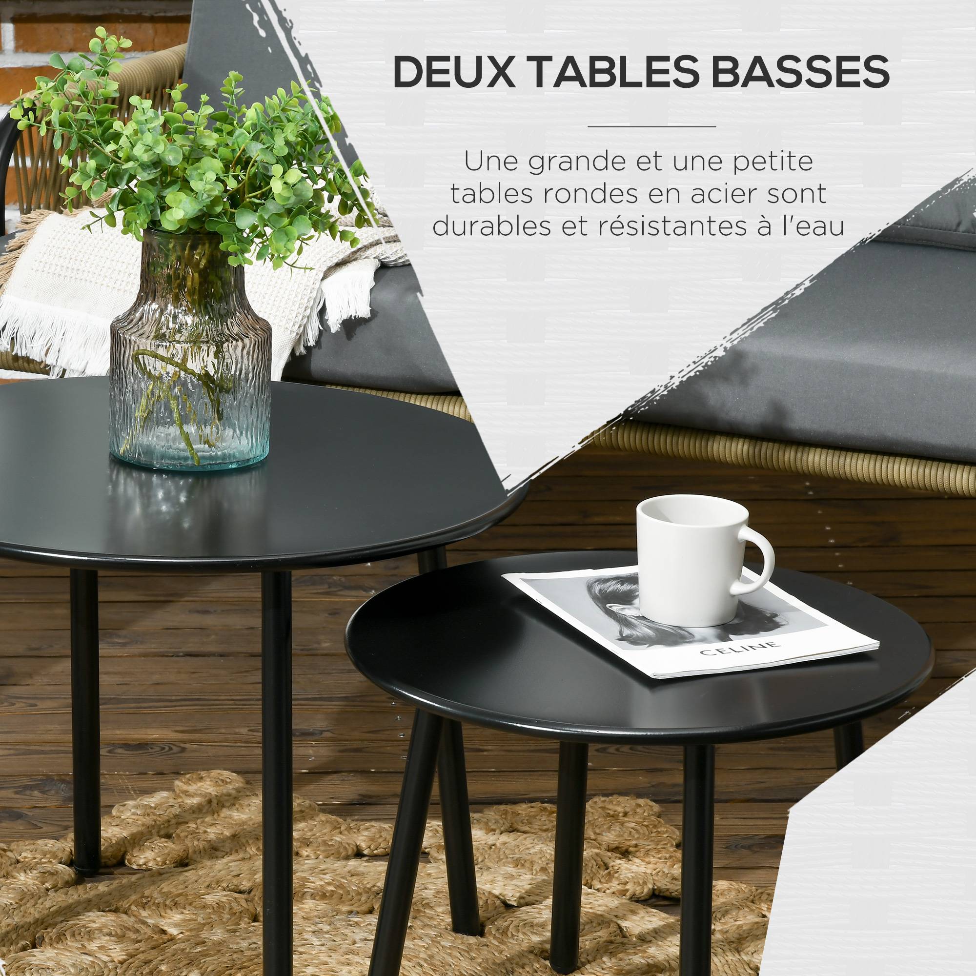 Outsunny - Salon de jardin en résine tressée modulable 4 pers. 5 pièces avec 1 canapé 2 fauteuils et 2 tables basses rondes acier sable - Outsunny - Imagen 6