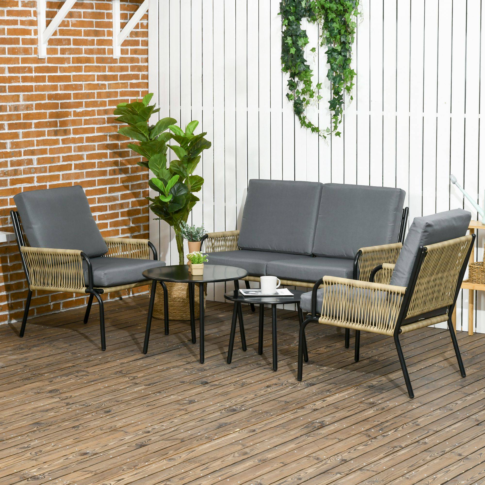 Outsunny - Salon de jardin en résine tressée modulable 4 pers. 5 pièces avec 1 canapé 2 fauteuils et 2 tables basses rondes acier sable - Outsunny - Imagen 2