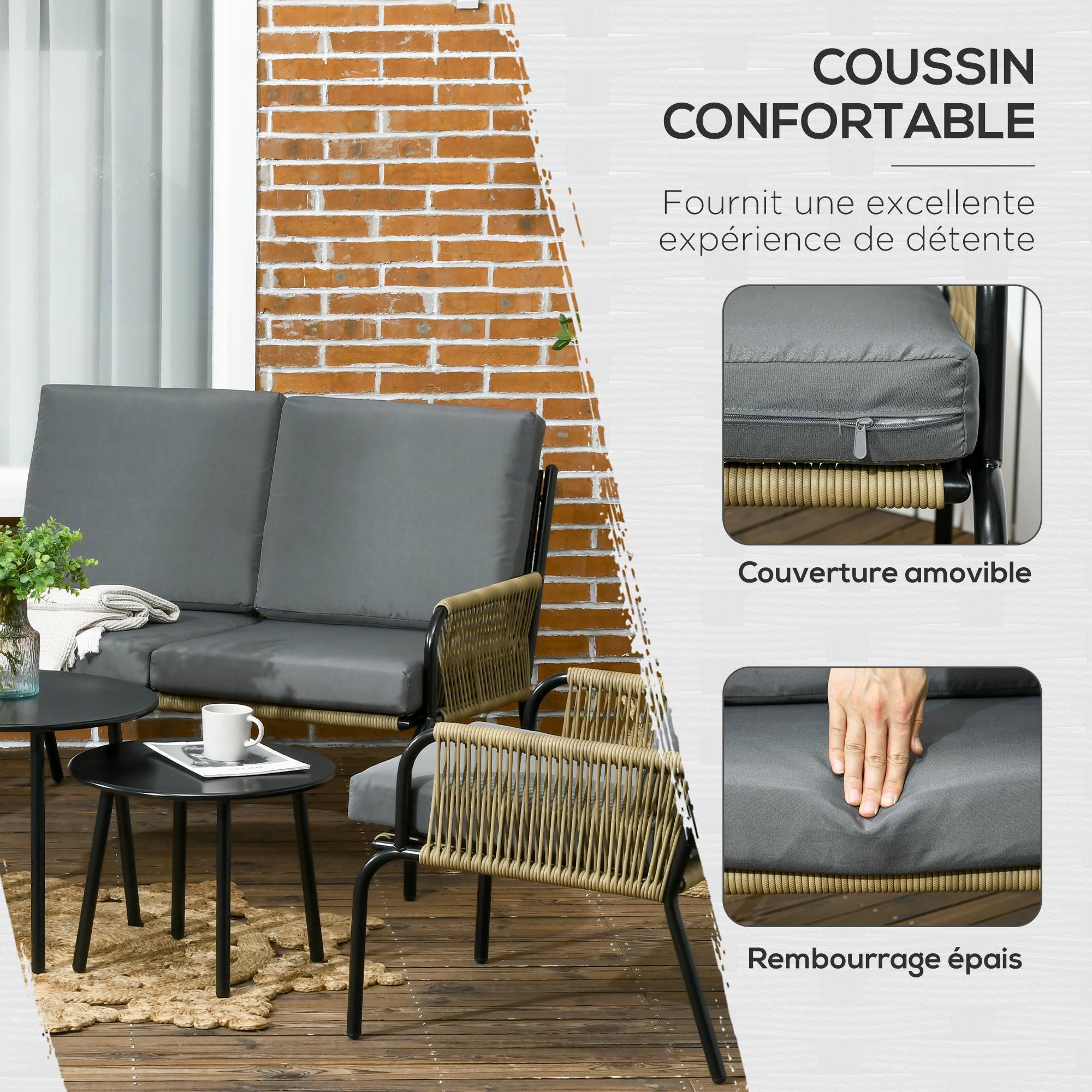 Outsunny - Salon de jardin en résine tressée modulable 4 pers. 5 pièces avec 1 canapé 2 fauteuils et 2 tables basses rondes acier sable - Outsunny - Imagen 4