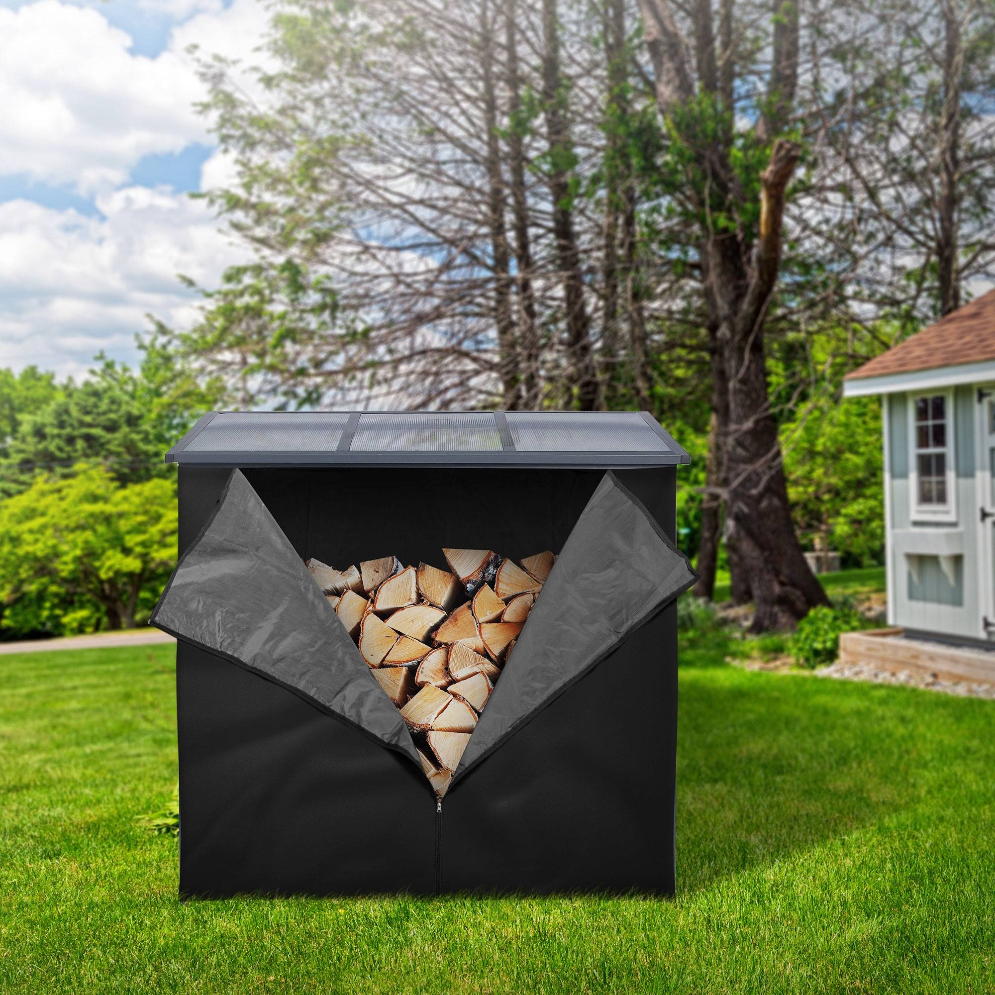 Ml-Design - Housse d'étagère bois de cheminée 185L x 125H cm noir bâche de protection pluie - Imagen 6