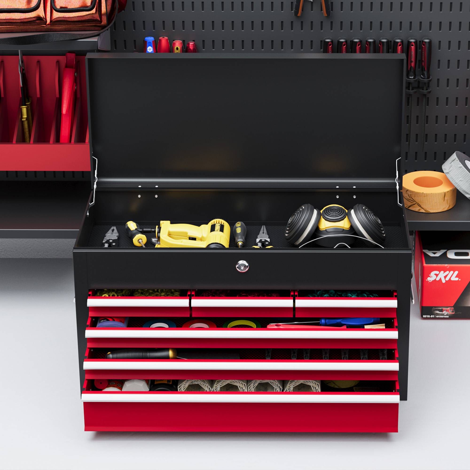 Sans Marque - Boîte à outils, verrouillable, 3 tiroirs, boîtier en acier, 60x26x34cm, rouge+noir - Image 10