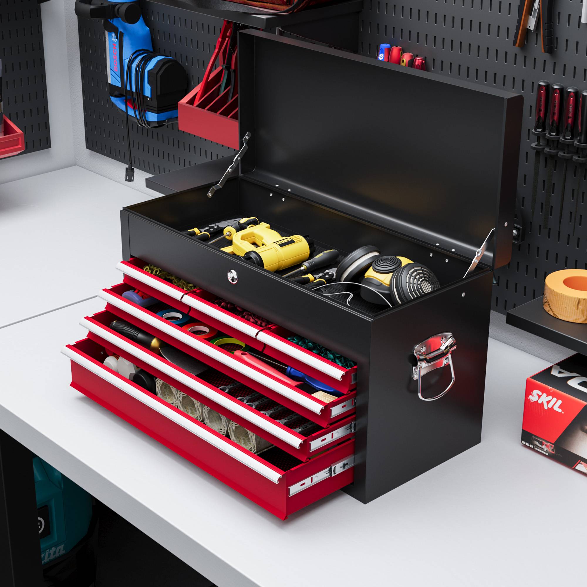 Sans Marque - Boîte à outils, verrouillable, 3 tiroirs, boîtier en acier, 60x26x34cm, rouge+noir - Image 4