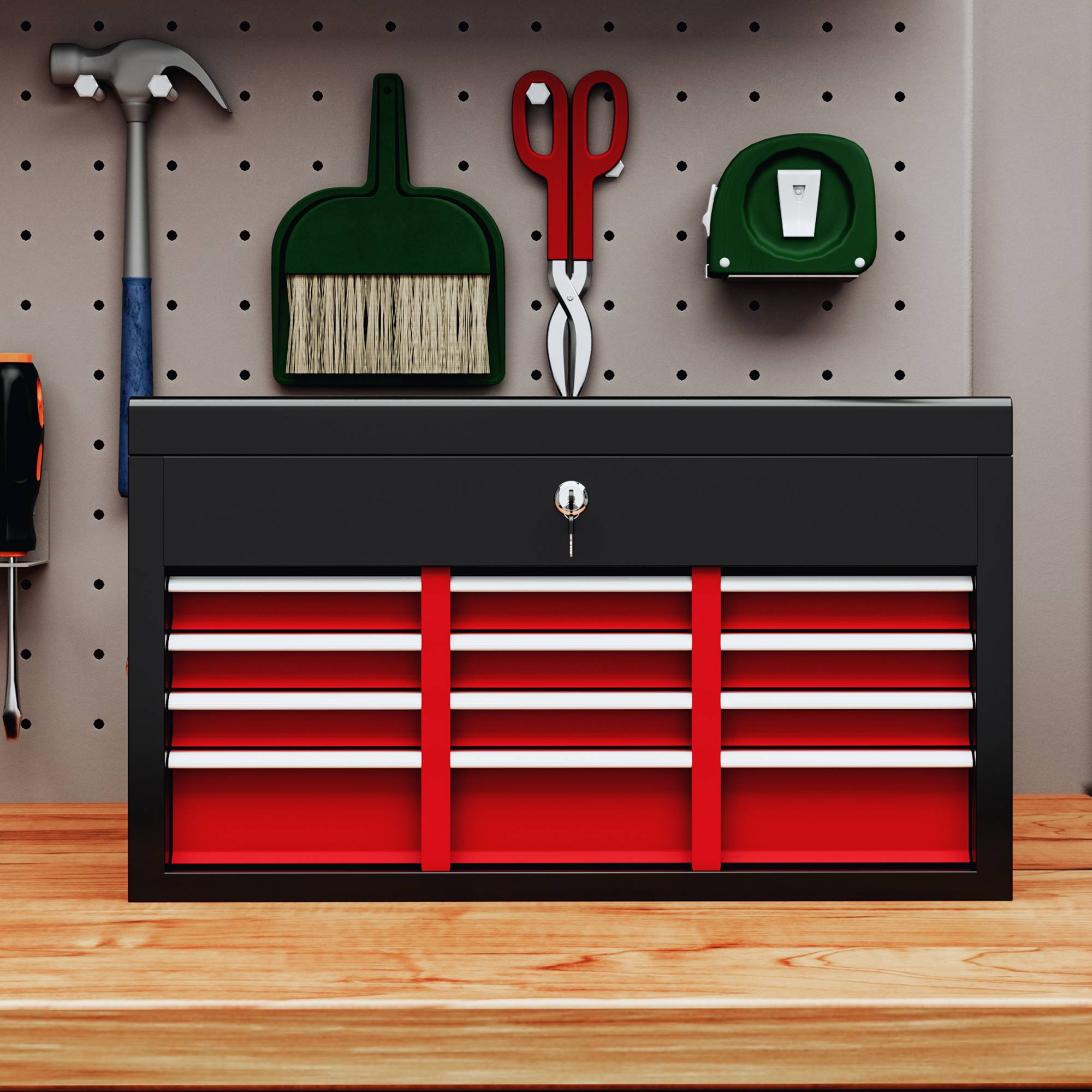 Sans Marque - Boîte à outils, verrouillable, 3 tiroirs, boîtier en acier, 60x26x34cm, rouge+noir - Image 9