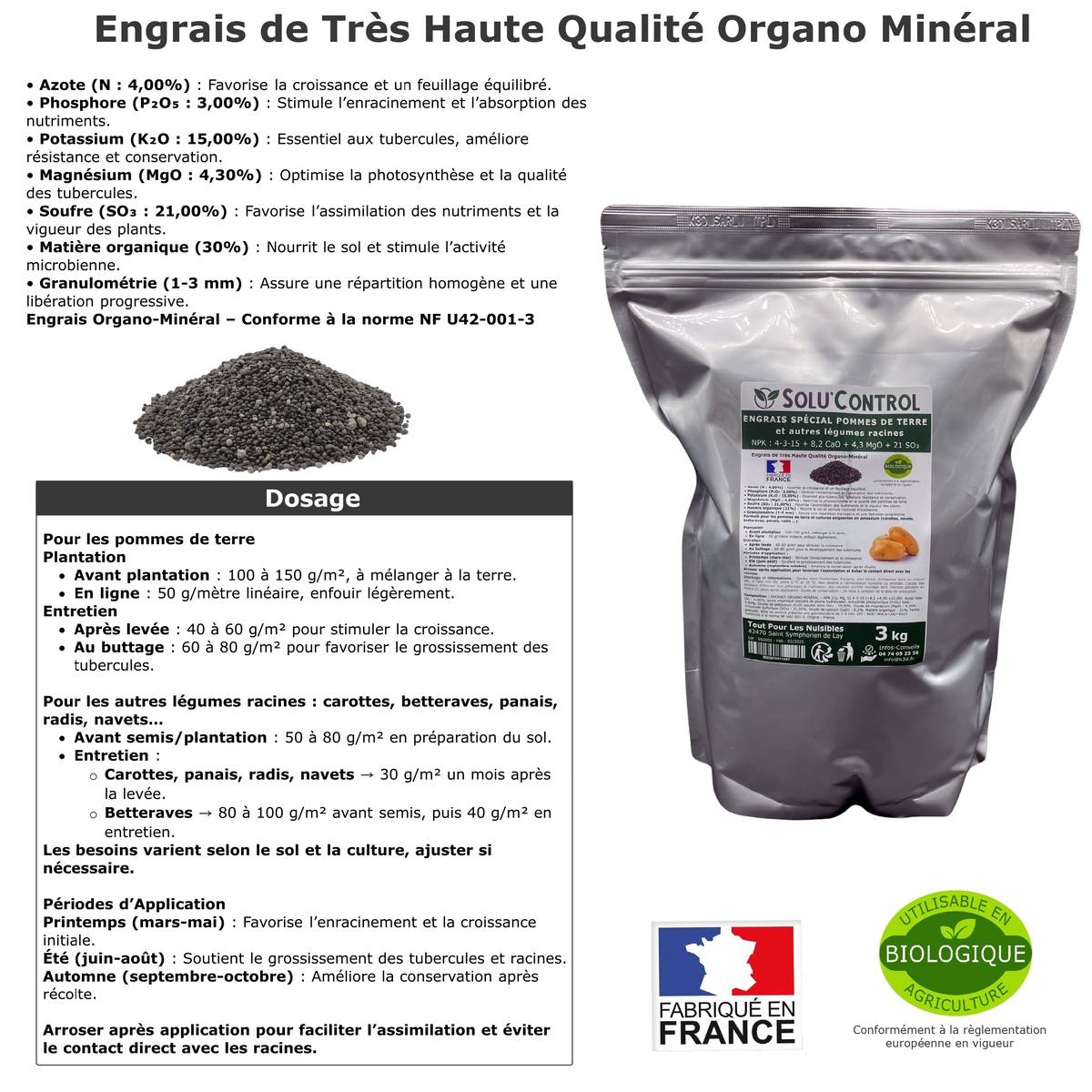 Tout pour les nuisibles - SOLU’CONTROL - 3 kg d'engrais spécial pommes de terre et légumes racines 4-3-15 - enrichi en potasse - croissance, grossissement - UAB - Image 3