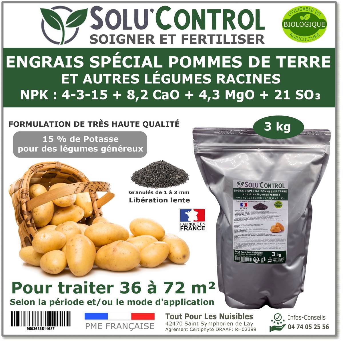 Tout pour les nuisibles - SOLU’CONTROL - 3 kg d'engrais spécial pommes de terre et légumes racines 4-3-15 - enrichi en potasse - croissance, grossissement - UAB - Image 1
