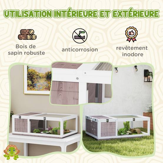Enclos Tortue Terre Bois Sapin Intérieur Extérieur 2 Espaces 91x60cm Marron Clair - ComfortXL Outdoor Living - Image 6