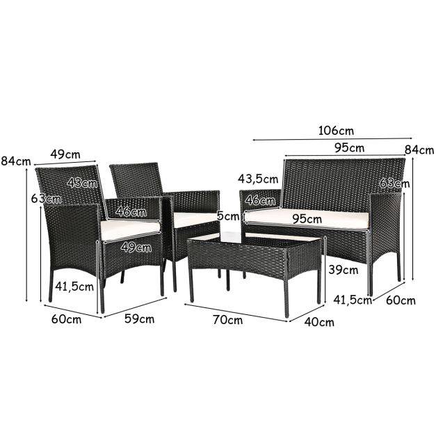 Helloshop26 - 4 pcs salon de jardin en rotin pe 4 personnes fauteuils avec coussins d'assise table basse en verre trempé marron+blanc - Imagen 5