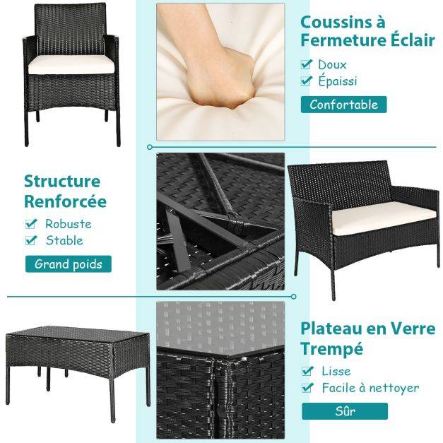 Helloshop26 - 4 pcs salon de jardin en rotin pe 4 personnes fauteuils avec coussins d'assise table basse en verre trempé marron+blanc - Imagen 4