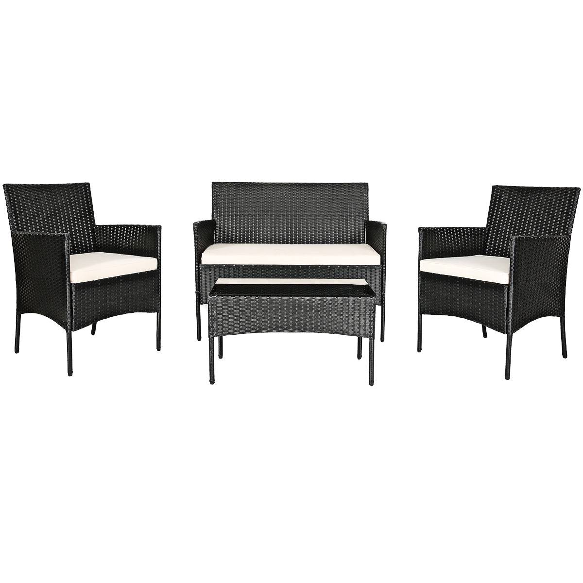 Helloshop26 - 4 pcs salon de jardin en rotin pe 4 personnes fauteuils avec coussins d'assise table basse en verre trempé marron+blanc - Imagen 1