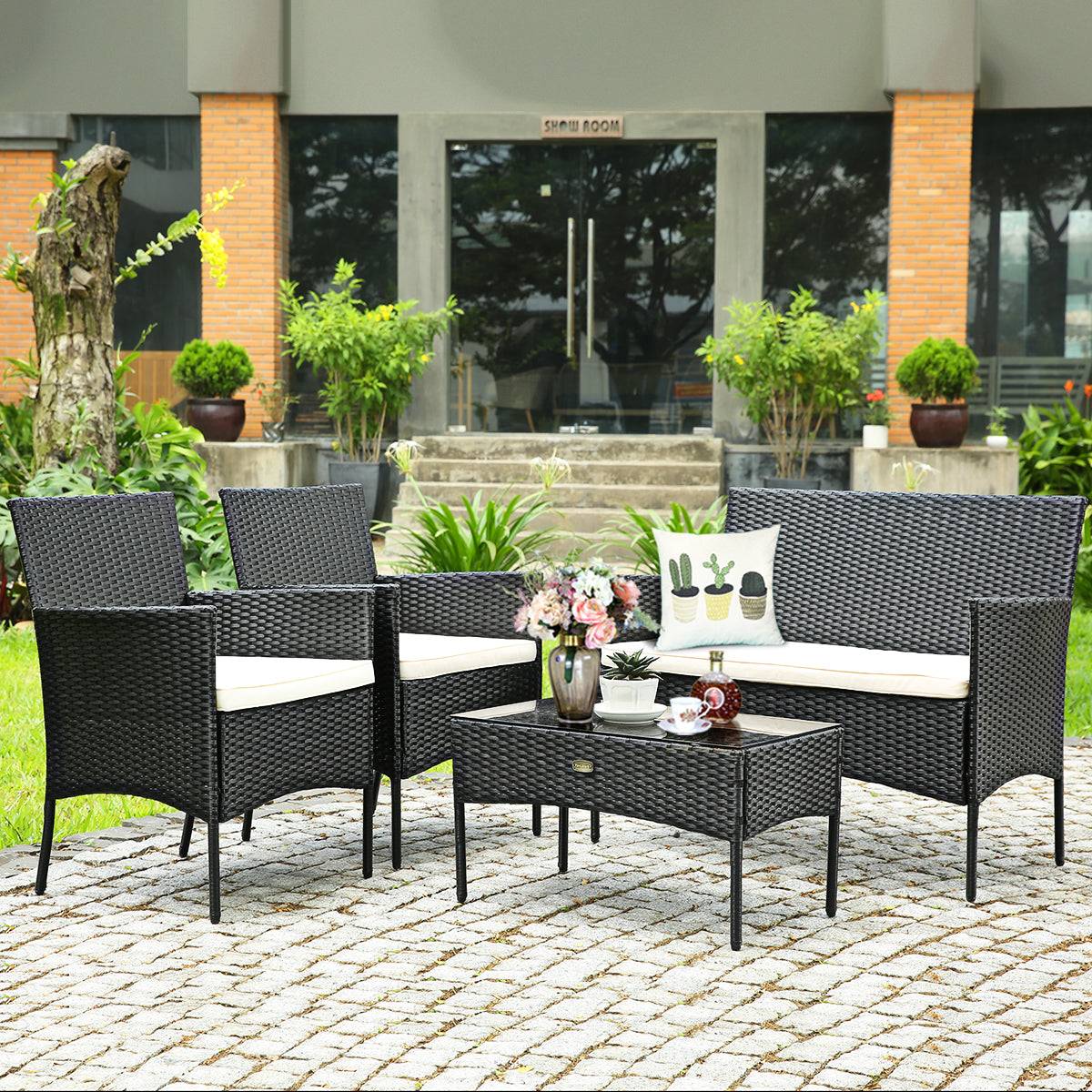 Helloshop26 - 4 pcs salon de jardin en rotin pe 4 personnes fauteuils avec coussins d'assise table basse en verre trempé marron+blanc - Imagen 3