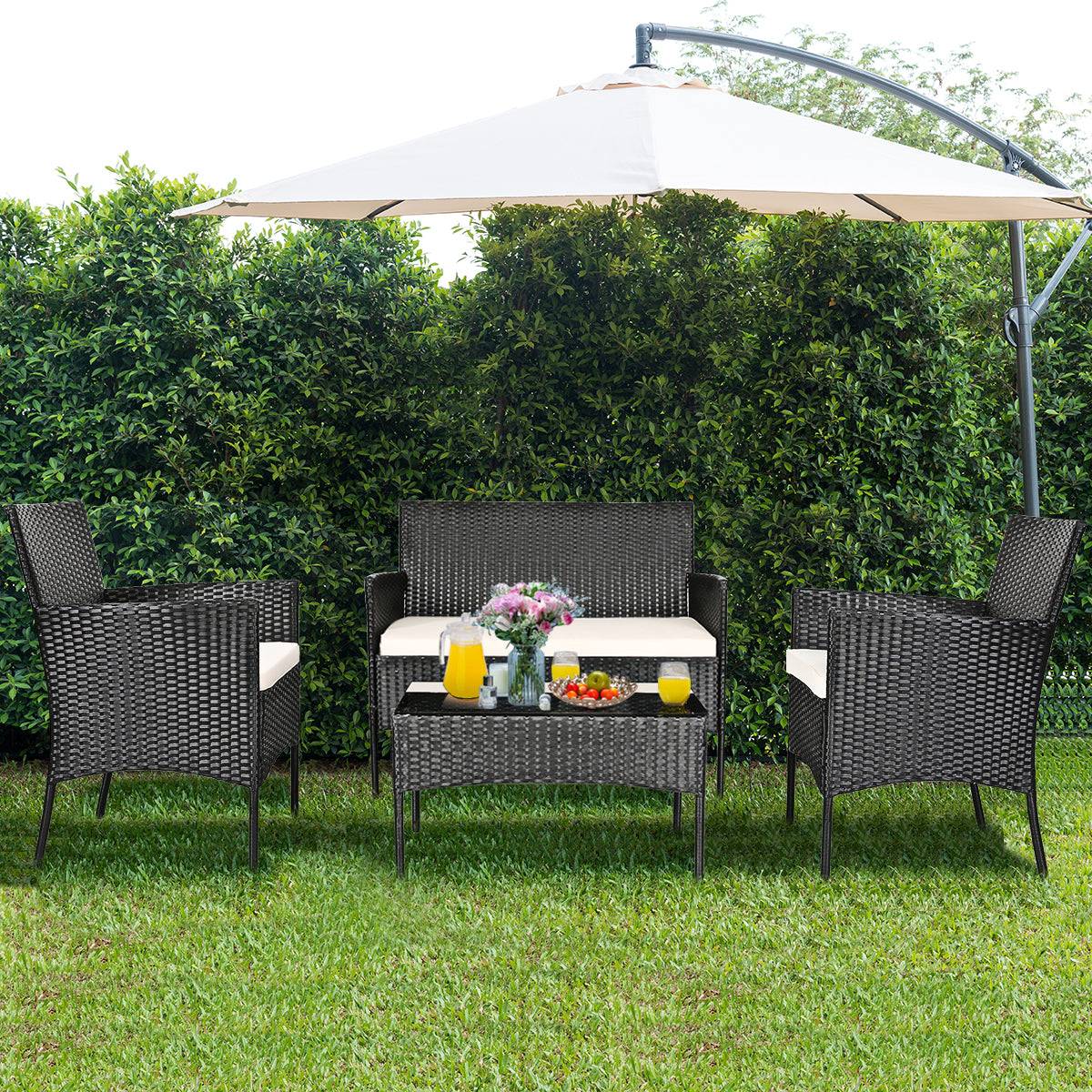 Helloshop26 - 4 pcs salon de jardin en rotin pe 4 personnes fauteuils avec coussins d'assise table basse en verre trempé marron+blanc - Imagen 2