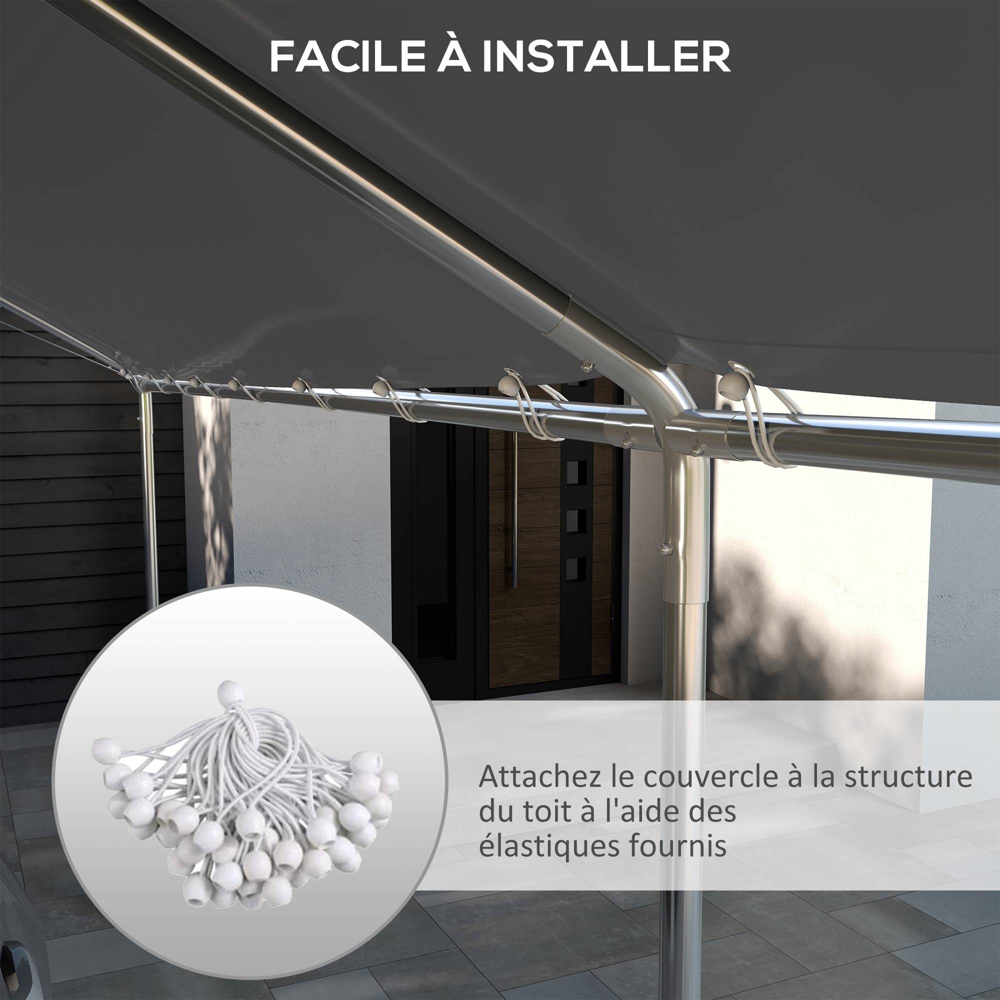 Outsunny - Toile de rechange carport auvent voiture dim. 6L x 3l m tendeurs élastiques inclus PE haute densité gris - Outsunny - Imagen 5