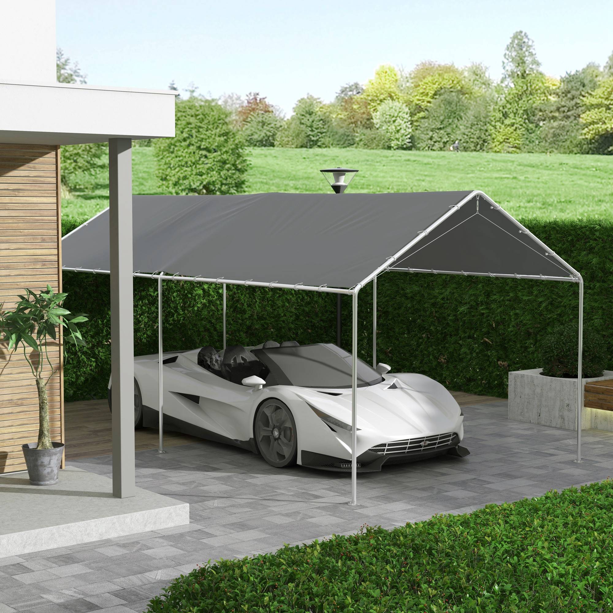 Outsunny - Toile de rechange carport auvent voiture dim. 6L x 3l m tendeurs élastiques inclus PE haute densité gris - Outsunny - Imagen 2