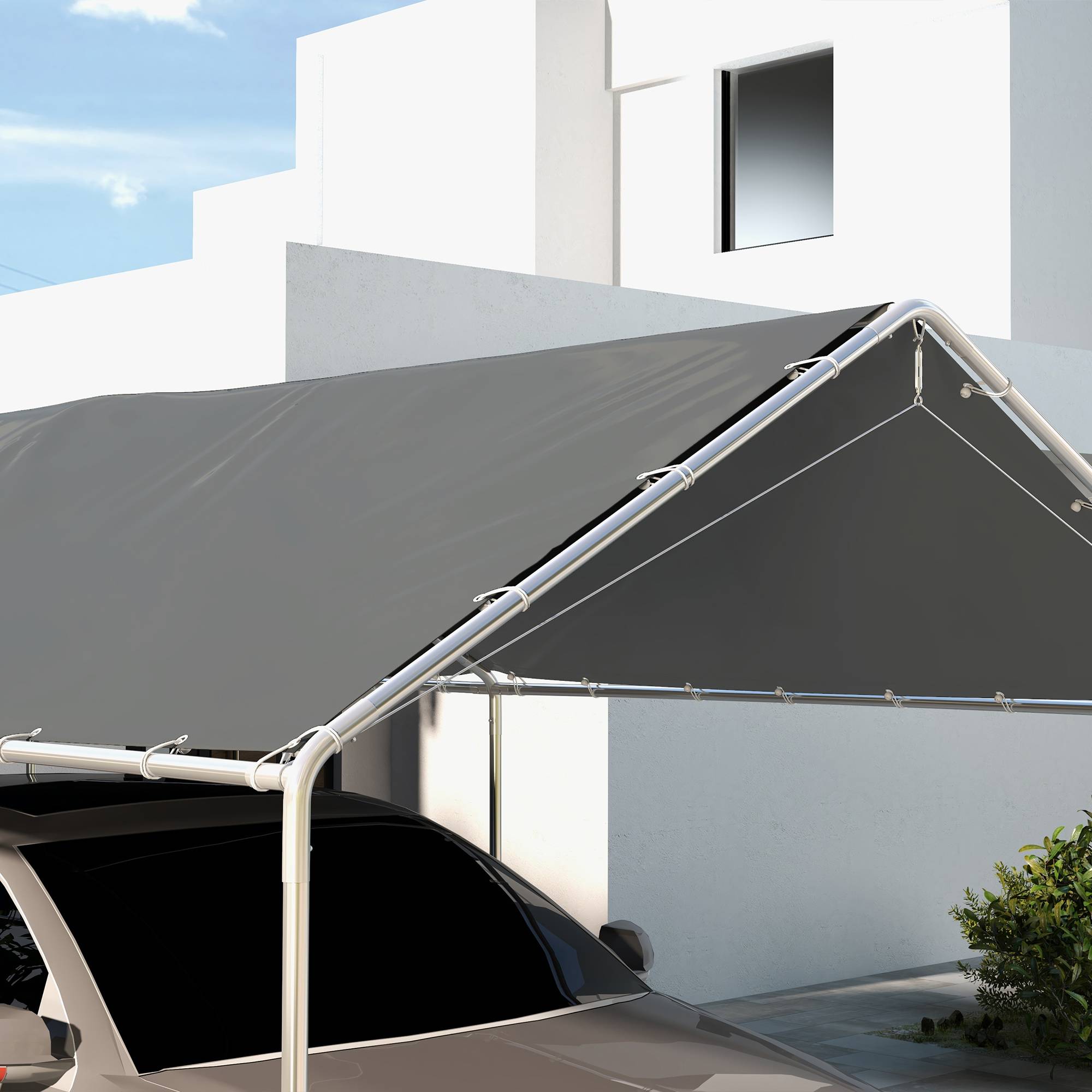 Outsunny - Toile de rechange carport auvent voiture dim. 6L x 3l m tendeurs élastiques inclus PE haute densité gris - Outsunny - Imagen 7
