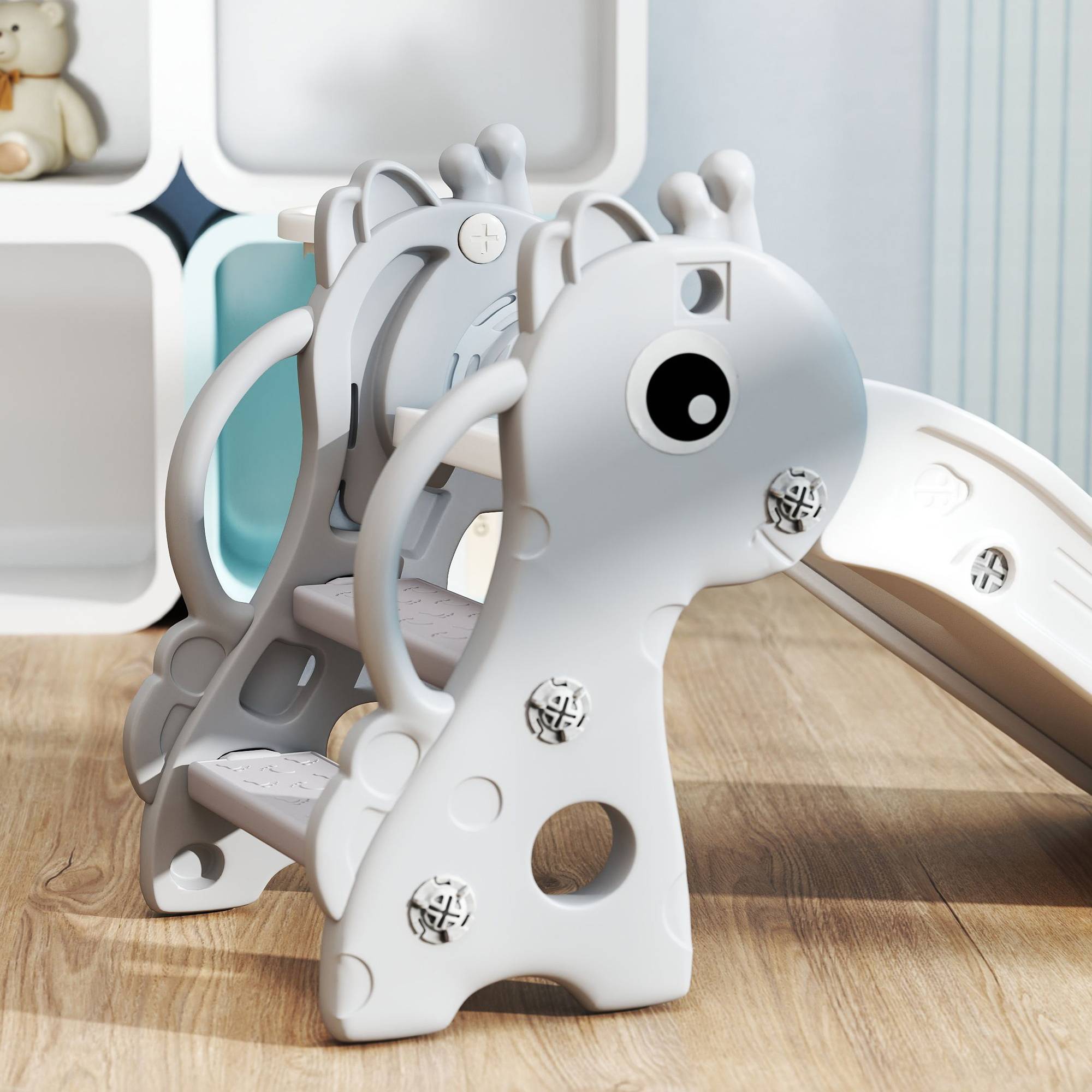 Toboggan pour enfants 3 en 1 en forme de girafe avec panier de basket, escalade et ballon, 106 x 51,5 x 52 cm, gris - Image 10