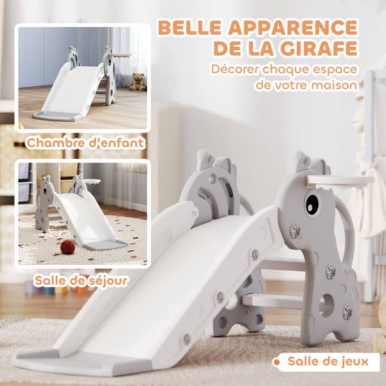 Toboggan pour enfants 3 en 1 en forme de girafe avec panier de basket, escalade et ballon, 106 x 51,5 x 52 cm, gris - Image 7