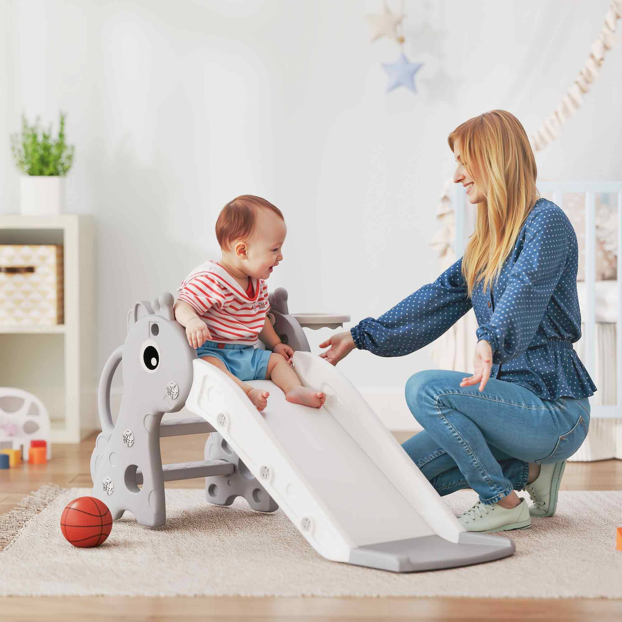Toboggan pour enfants 3 en 1 en forme de girafe avec panier de basket, escalade et ballon, 106 x 51,5 x 52 cm, gris - Image 3