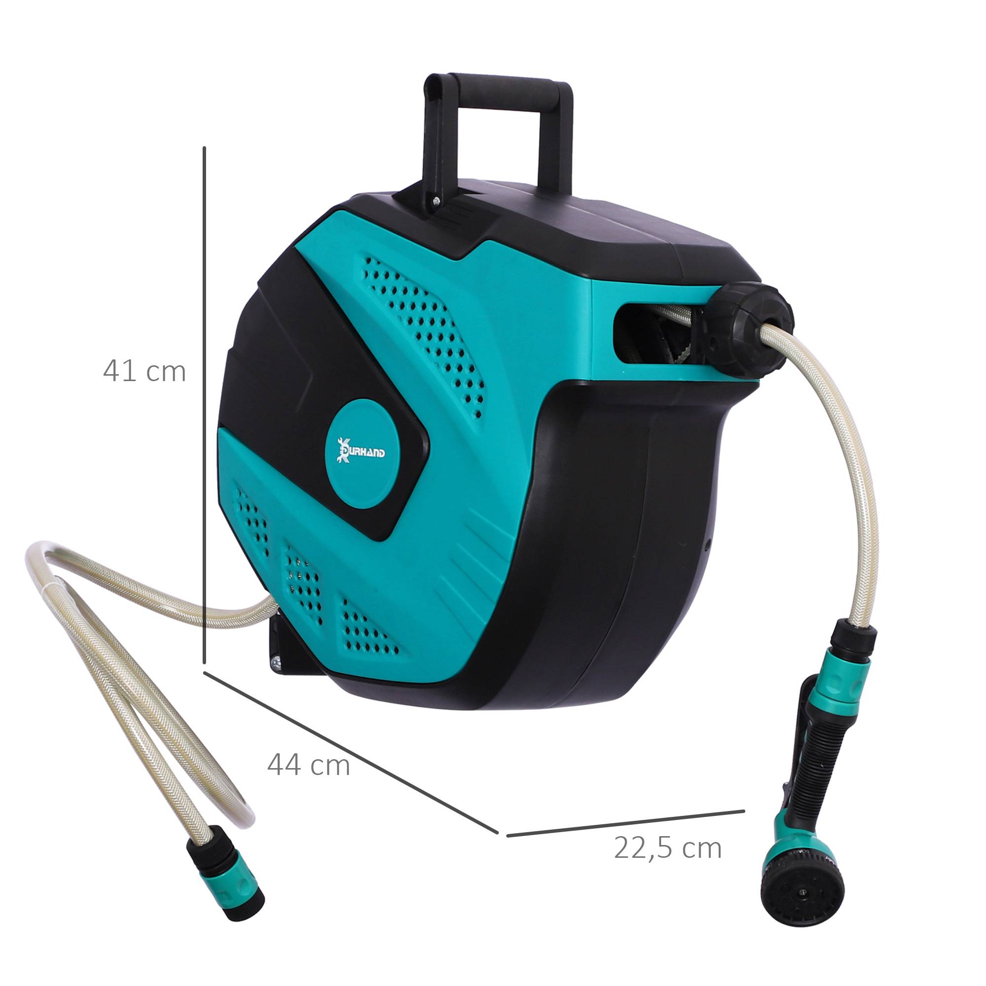 Durhand - Dévidoir mural enrouleur automatique pivotant 180° tuyau 15 + 1,5 m avec lance arrosage support mural intégré turquoise noir - DURHAND - Image 3
