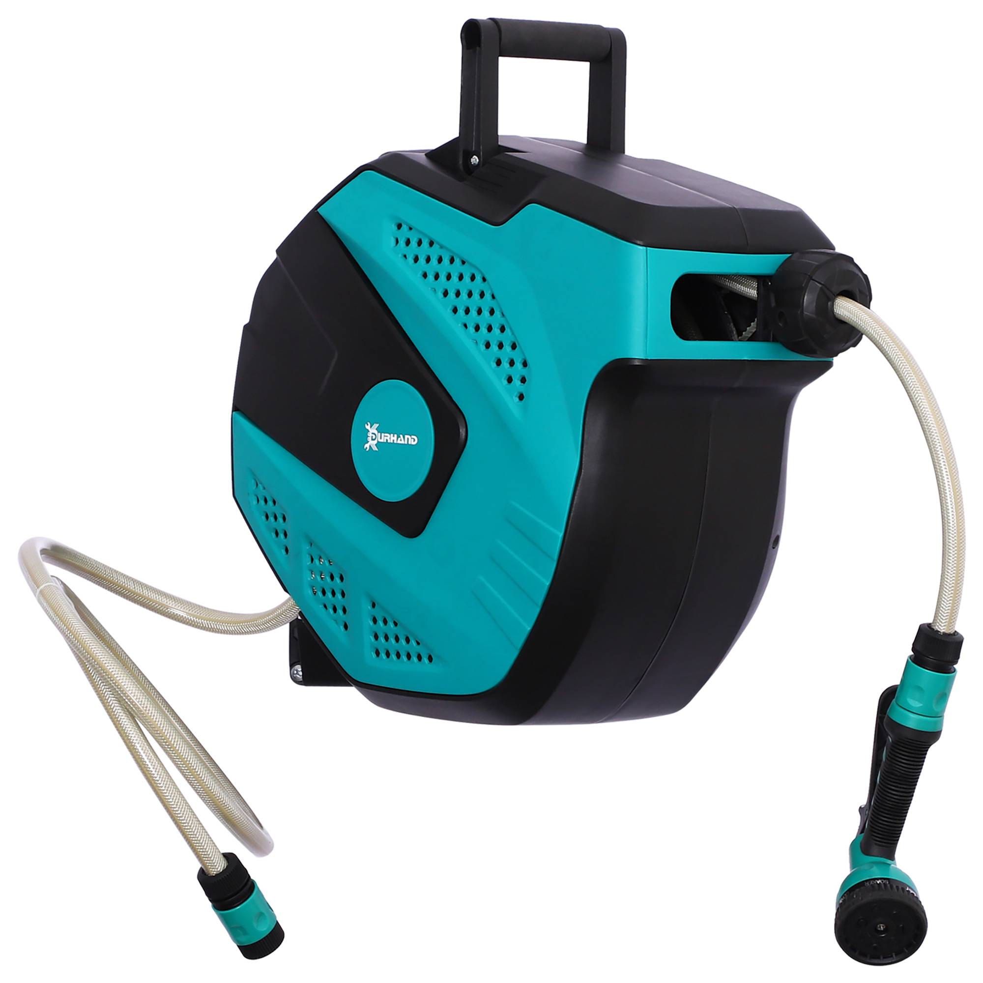 Durhand - Dévidoir mural enrouleur automatique pivotant 180° tuyau 15 + 1,5 m avec lance arrosage support mural intégré turquoise noir - DURHAND - Image 1