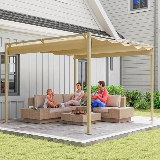 Pergola de jardin acier terrasse toit rétractable magnétique 3x3m kaki - ComfortXL Outdoor Living - Image 4