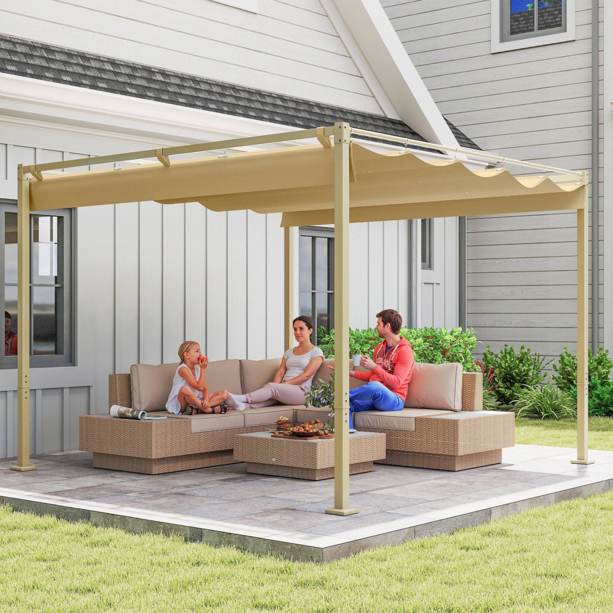 Pergola de jardin acier terrasse toit rétractable magnétique 3x3m kaki - ComfortXL Outdoor Living - Image 4