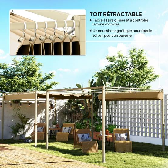 Pergola de jardin acier terrasse toit rétractable magnétique 3x3m kaki - ComfortXL Outdoor Living - Image 6