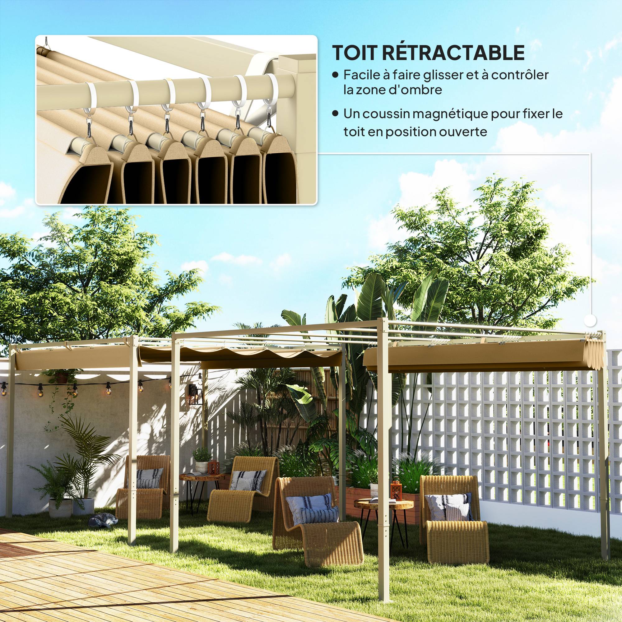 Pergola de jardin acier terrasse toit rétractable magnétique 3x3m kaki - ComfortXL Outdoor Living - Image 6