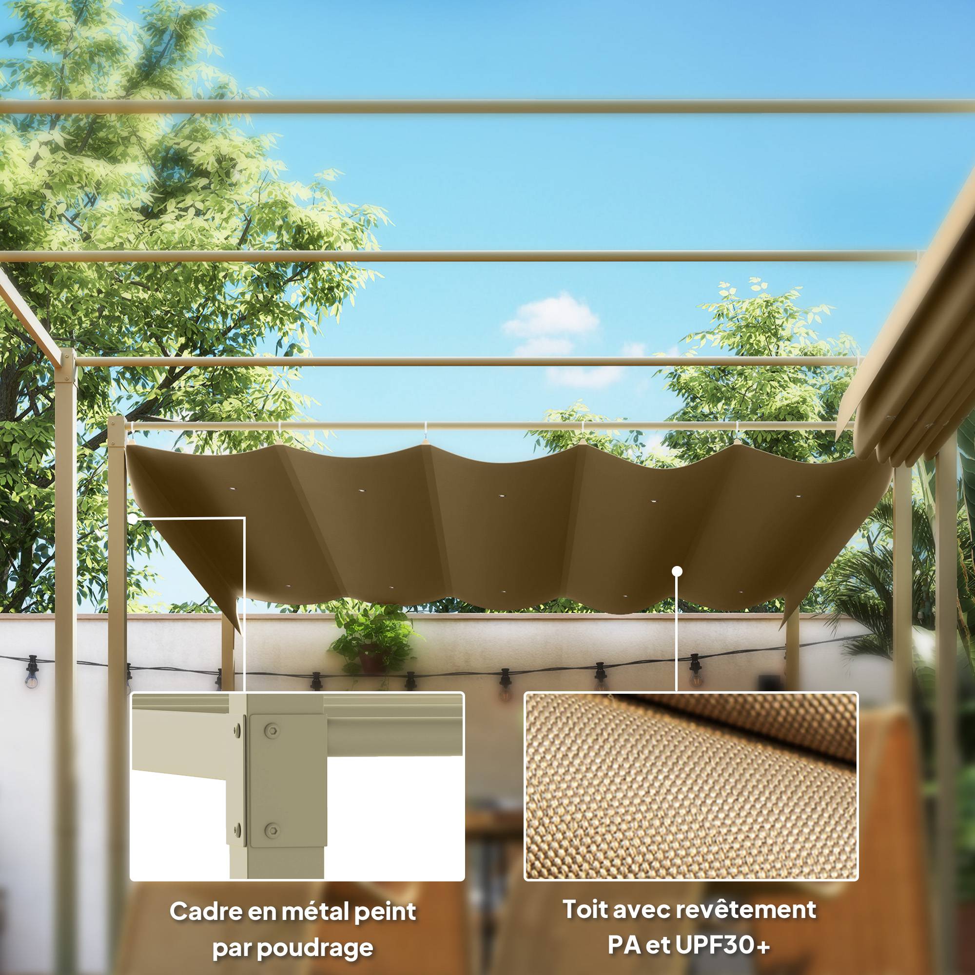 Pergola de jardin acier terrasse toit rétractable magnétique 3x3m kaki - ComfortXL Outdoor Living - Image 8