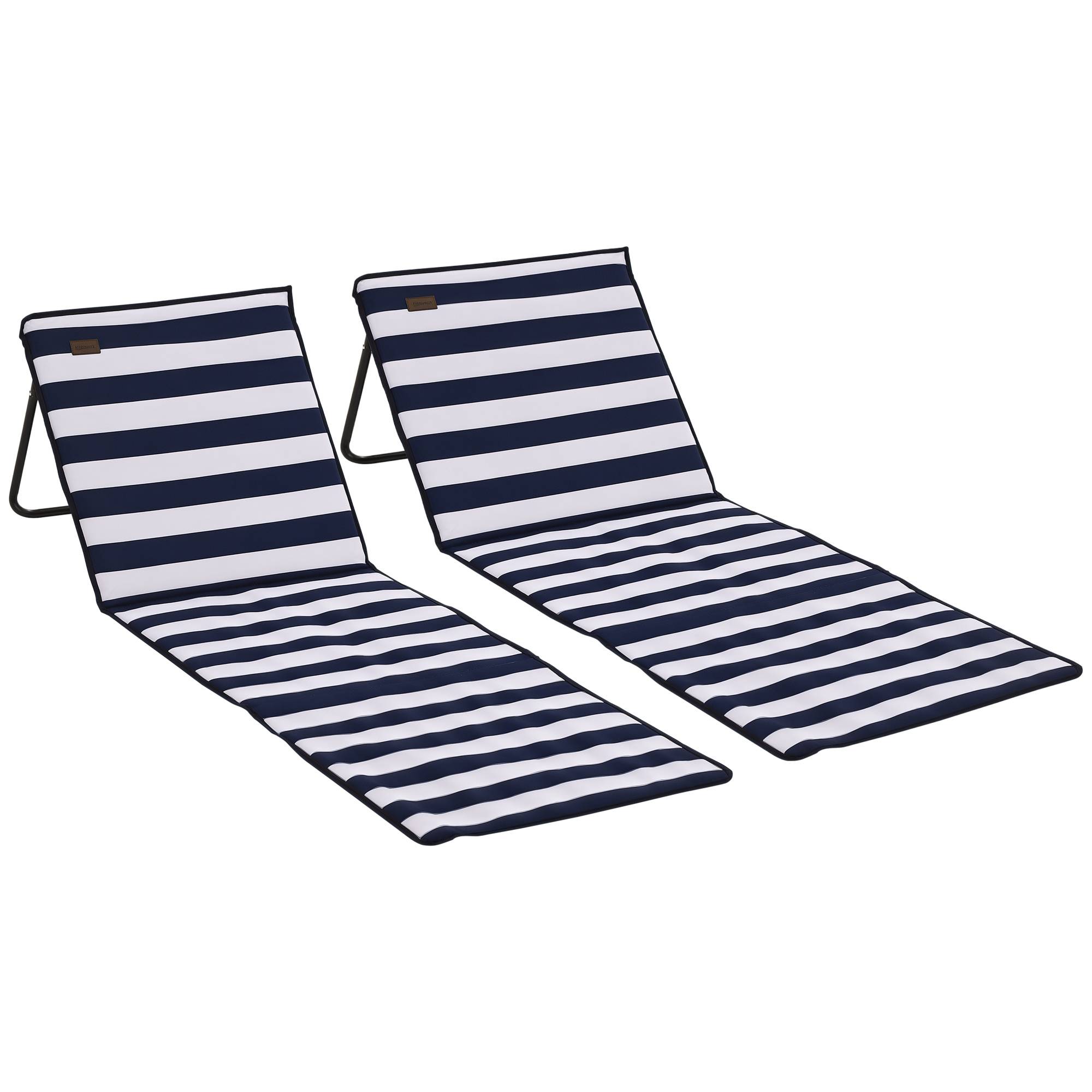 Lot de 2 tapis de plage pliables avec dossier inclinable et sangle de transport, 142 x 51 x 40 cm, blanc et bleu - Image 1