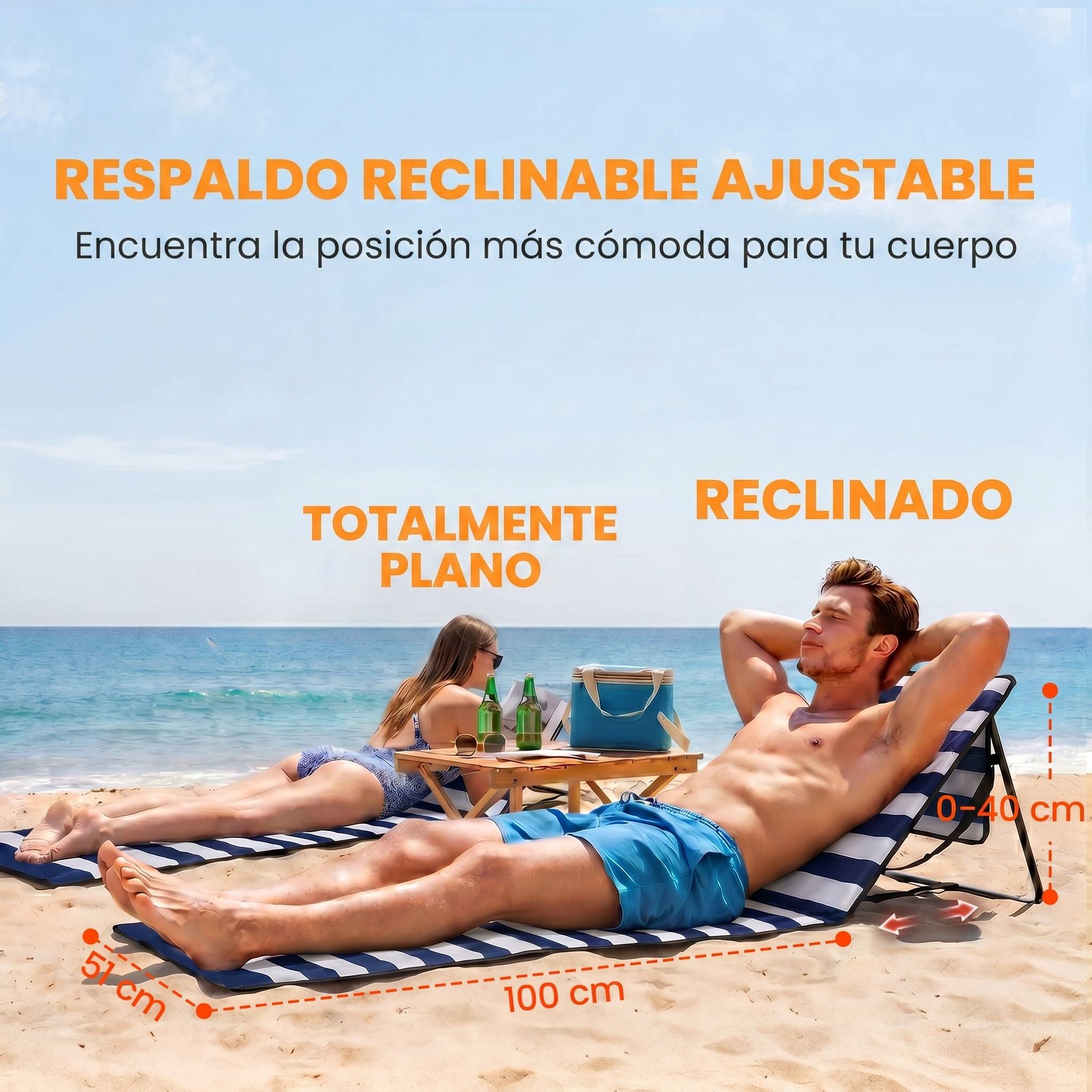 Lot de 2 tapis de plage pliables avec dossier inclinable et sangle de transport, 142 x 51 x 40 cm, blanc et bleu - Image 7