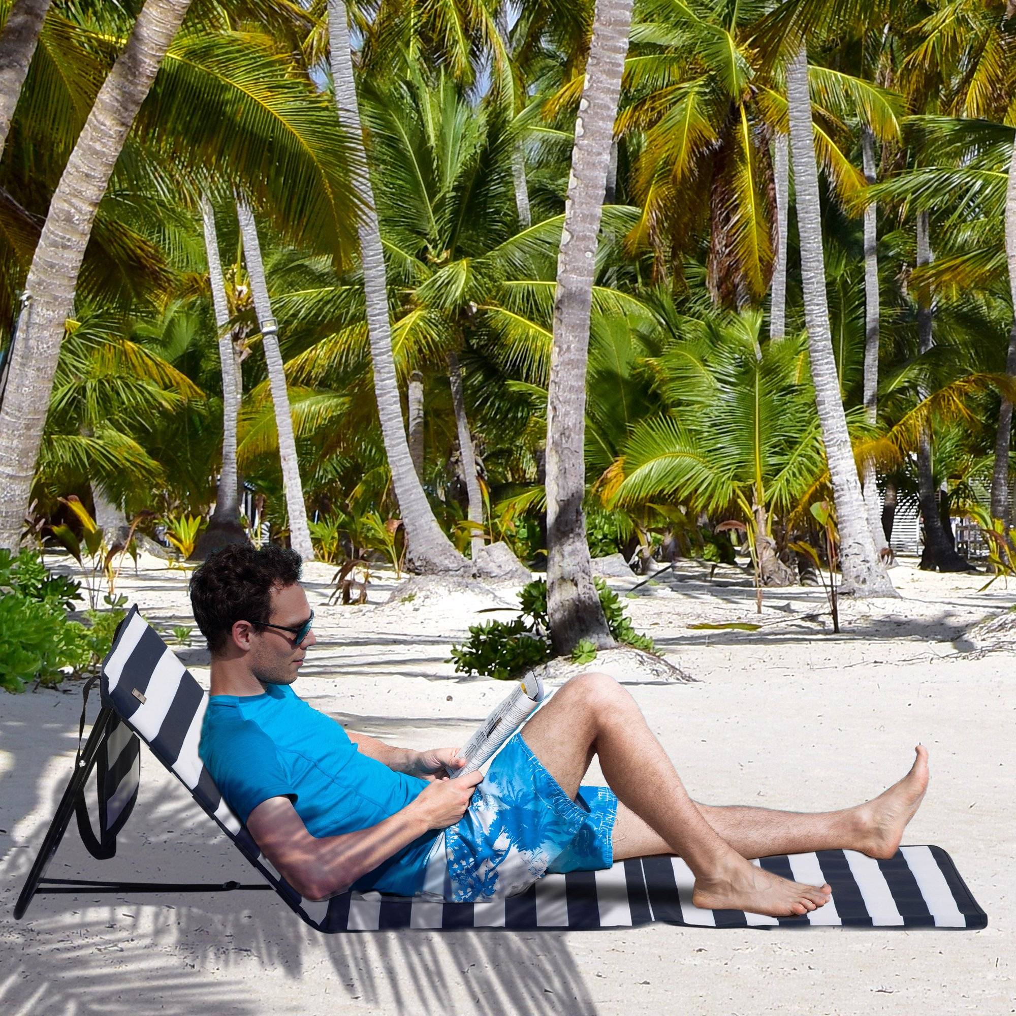 Lot de 2 tapis de plage pliables avec dossier inclinable et sangle de transport, 142 x 51 x 40 cm, blanc et bleu - Image 4