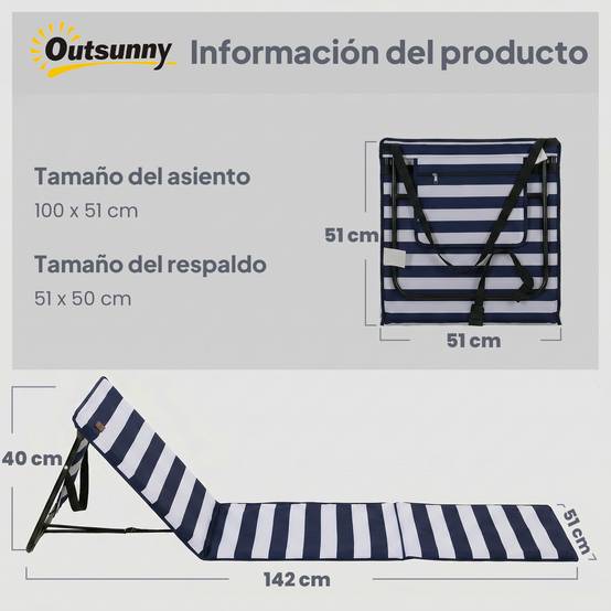 Lot de 2 tapis de plage pliables avec dossier inclinable et sangle de transport, 142 x 51 x 40 cm, blanc et bleu - Image 5