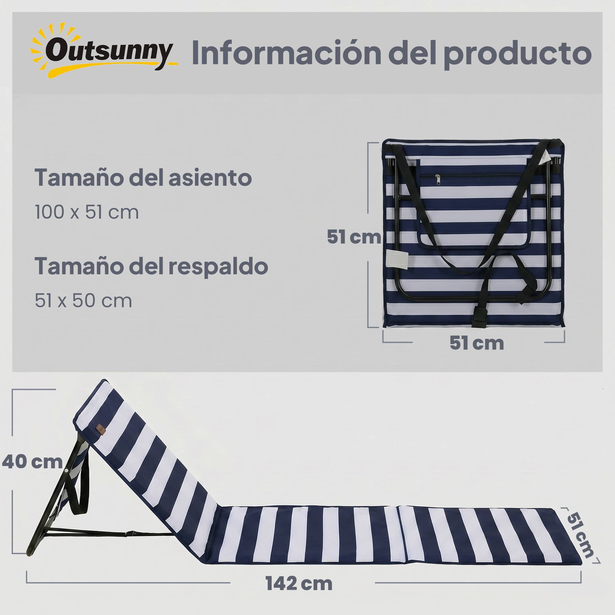 Lot de 2 tapis de plage pliables avec dossier inclinable et sangle de transport, 142 x 51 x 40 cm, blanc et bleu - Image 5