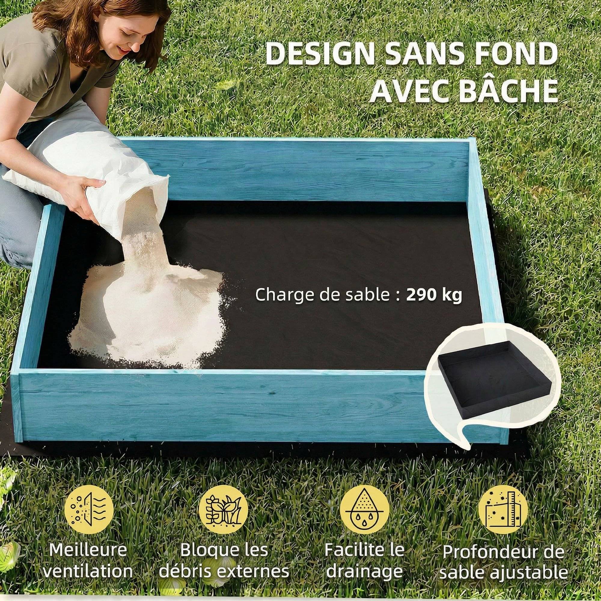 Bac à sable en bois avec couvercle, bac à sable enfant extérieur avec siège pliable toile imprimée flamants bleus - Image 8