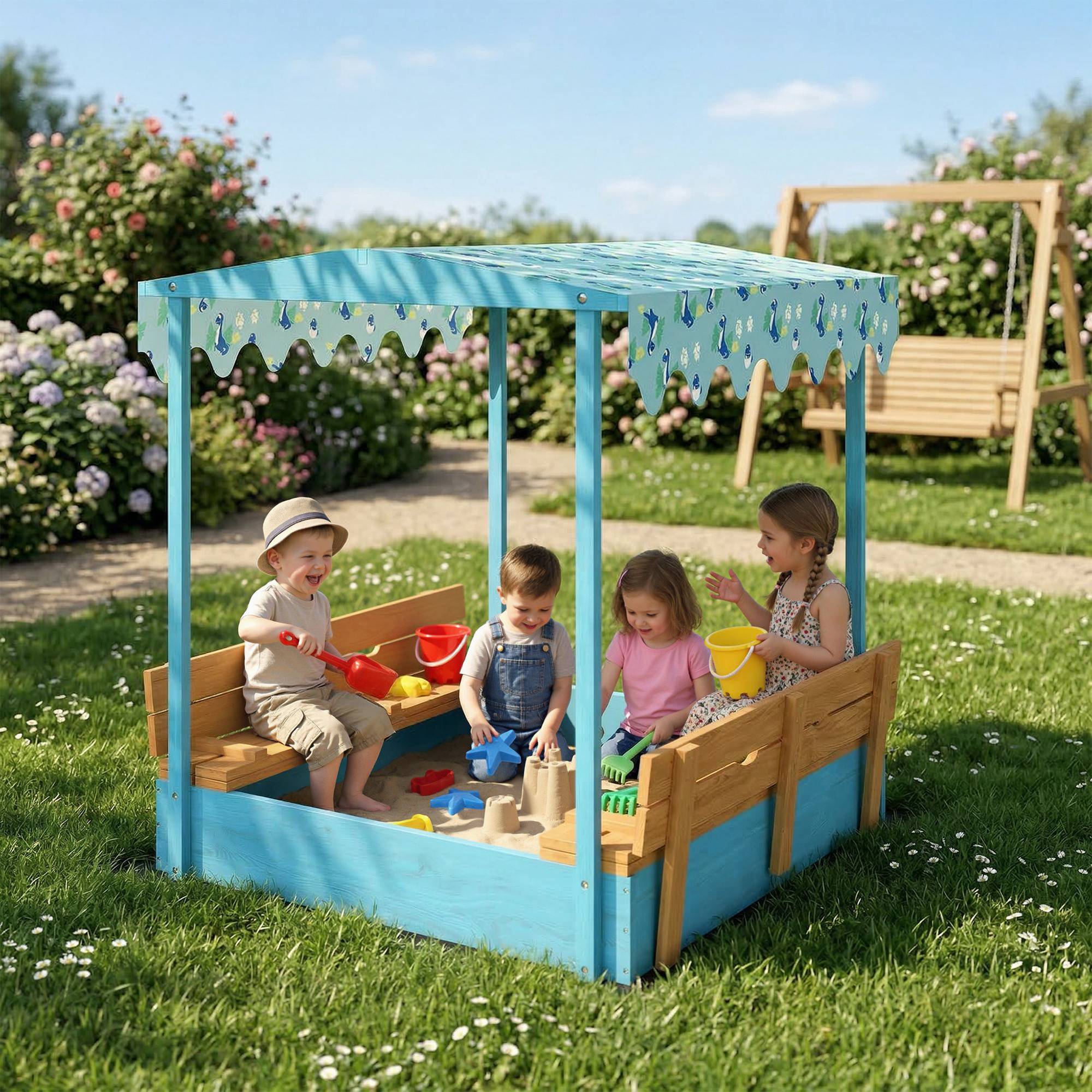 Bac à sable en bois avec couvercle, bac à sable enfant extérieur avec siège pliable toile imprimée flamants bleus - Image 3