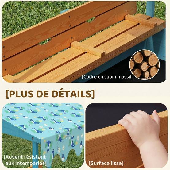 Bac à sable en bois avec couvercle, bac à sable enfant extérieur avec siège pliable toile imprimée flamants bleus - Image 9