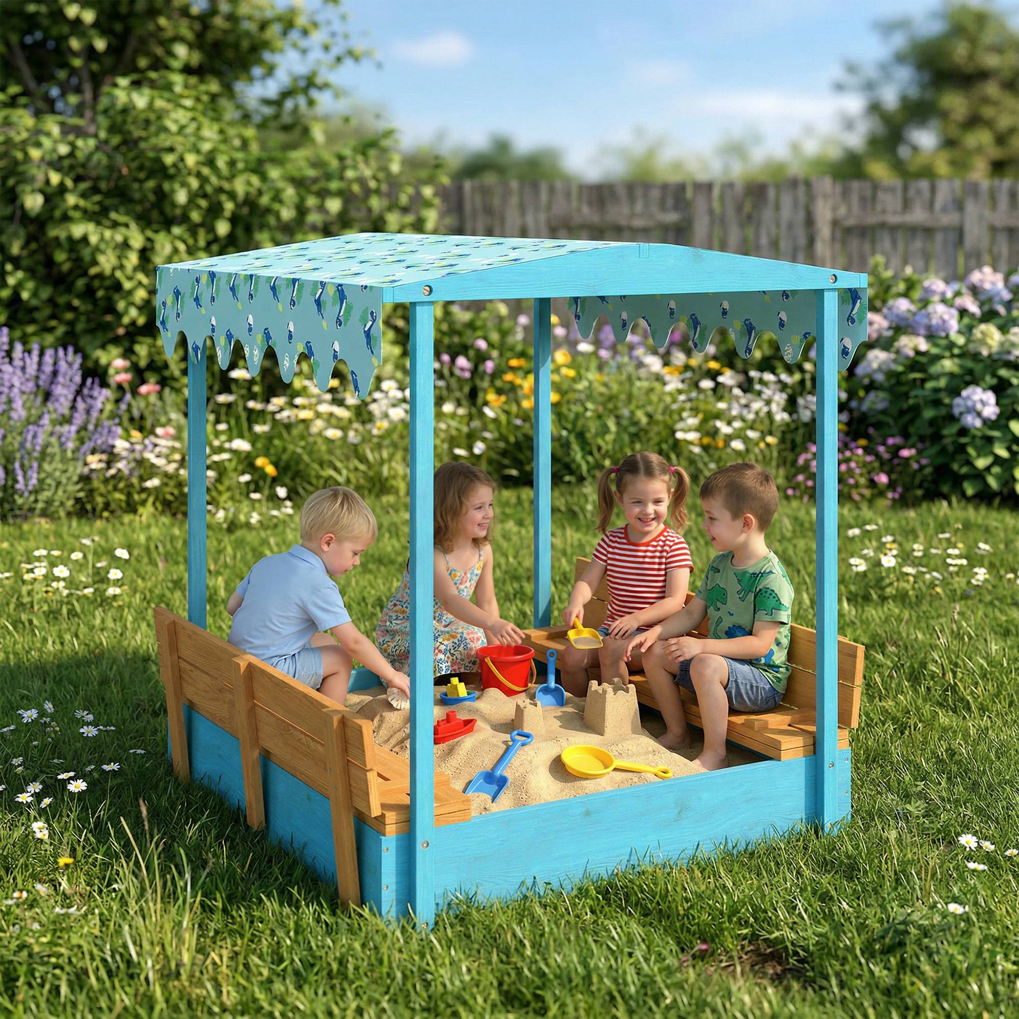 Bac à sable en bois avec couvercle, bac à sable enfant extérieur avec siège pliable toile imprimée flamants bleus - Image 4