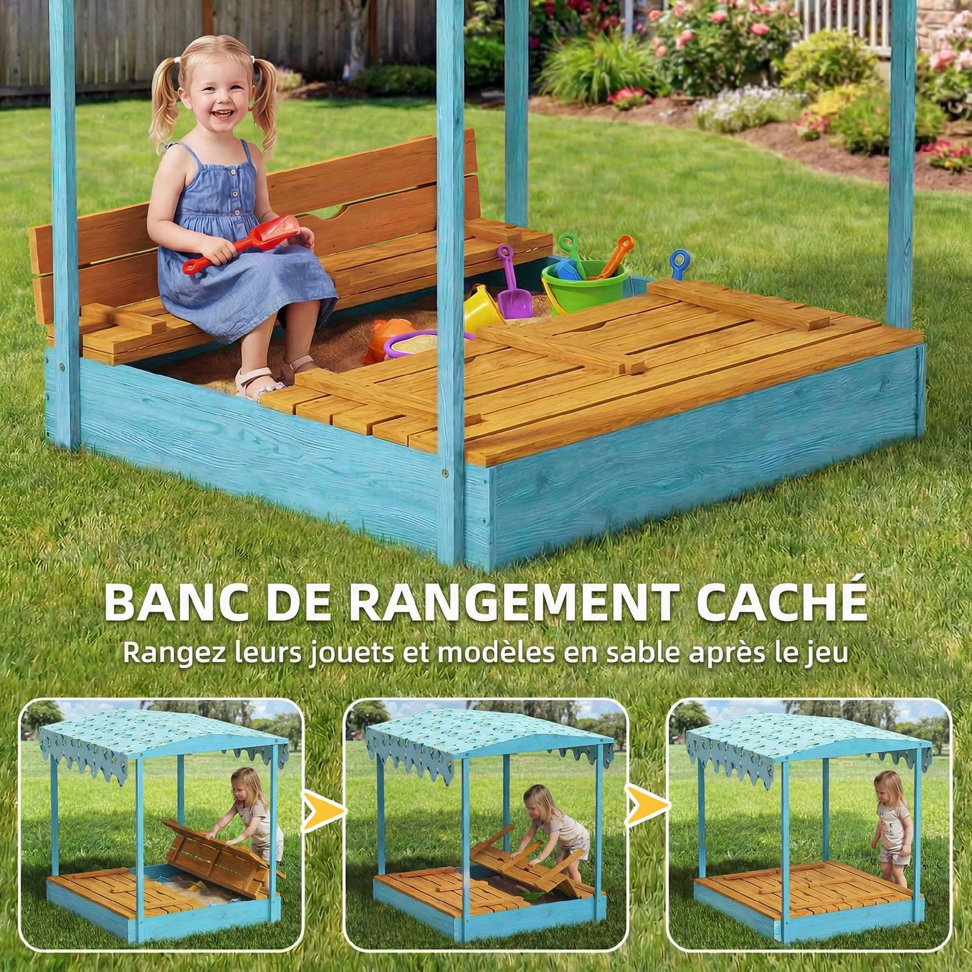 Bac à sable en bois avec couvercle, bac à sable enfant extérieur avec siège pliable toile imprimée flamants bleus - Image 6